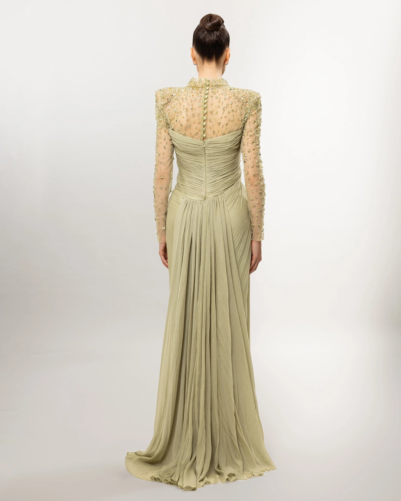 26043-Long Sleeve Stone Embellished Draped Slit Evening Dress