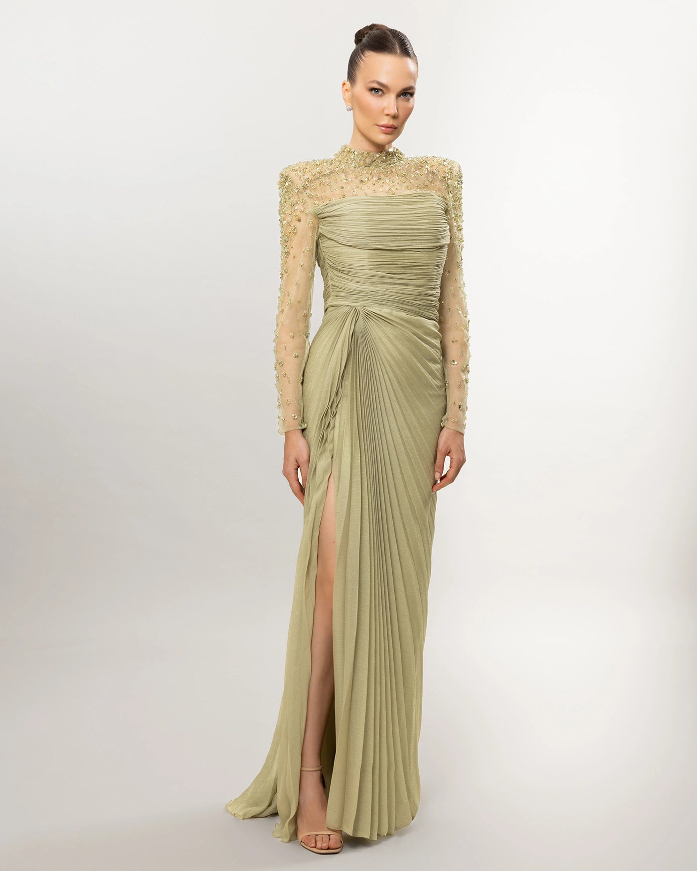 26043-Long Sleeve Stone Embellished Draped Slit Evening Dress