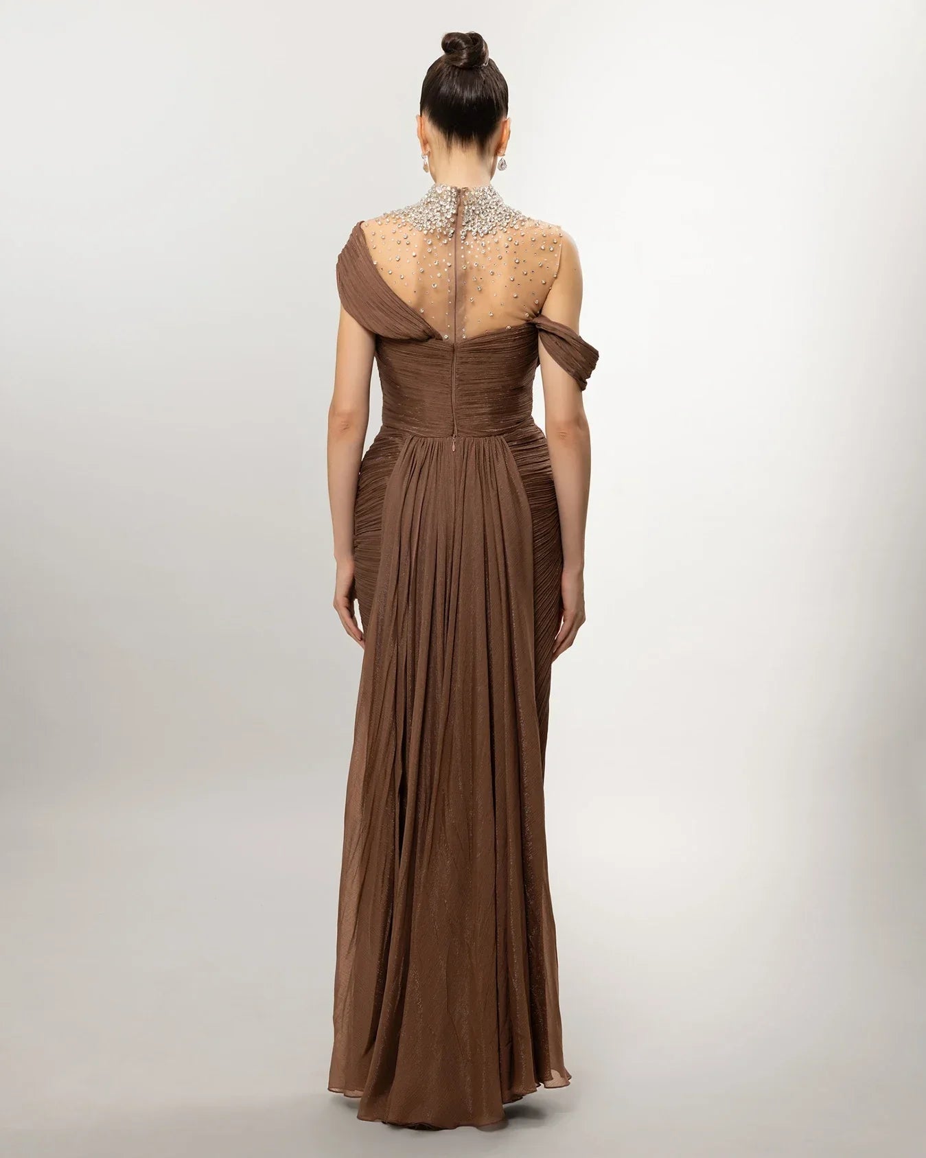 26049-Transparan Yaka Taş İşlemeli Yırtmaçlı Uzun Abiye Elbise - Kenzel