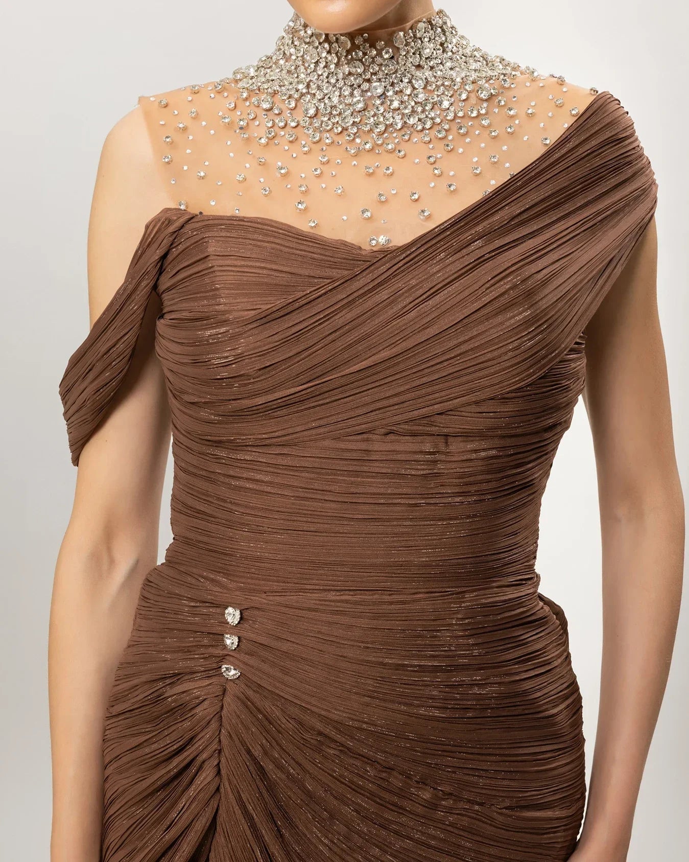 26049-Transparan Yaka Taş İşlemeli Yırtmaçlı Uzun Abiye Elbise - Kenzel