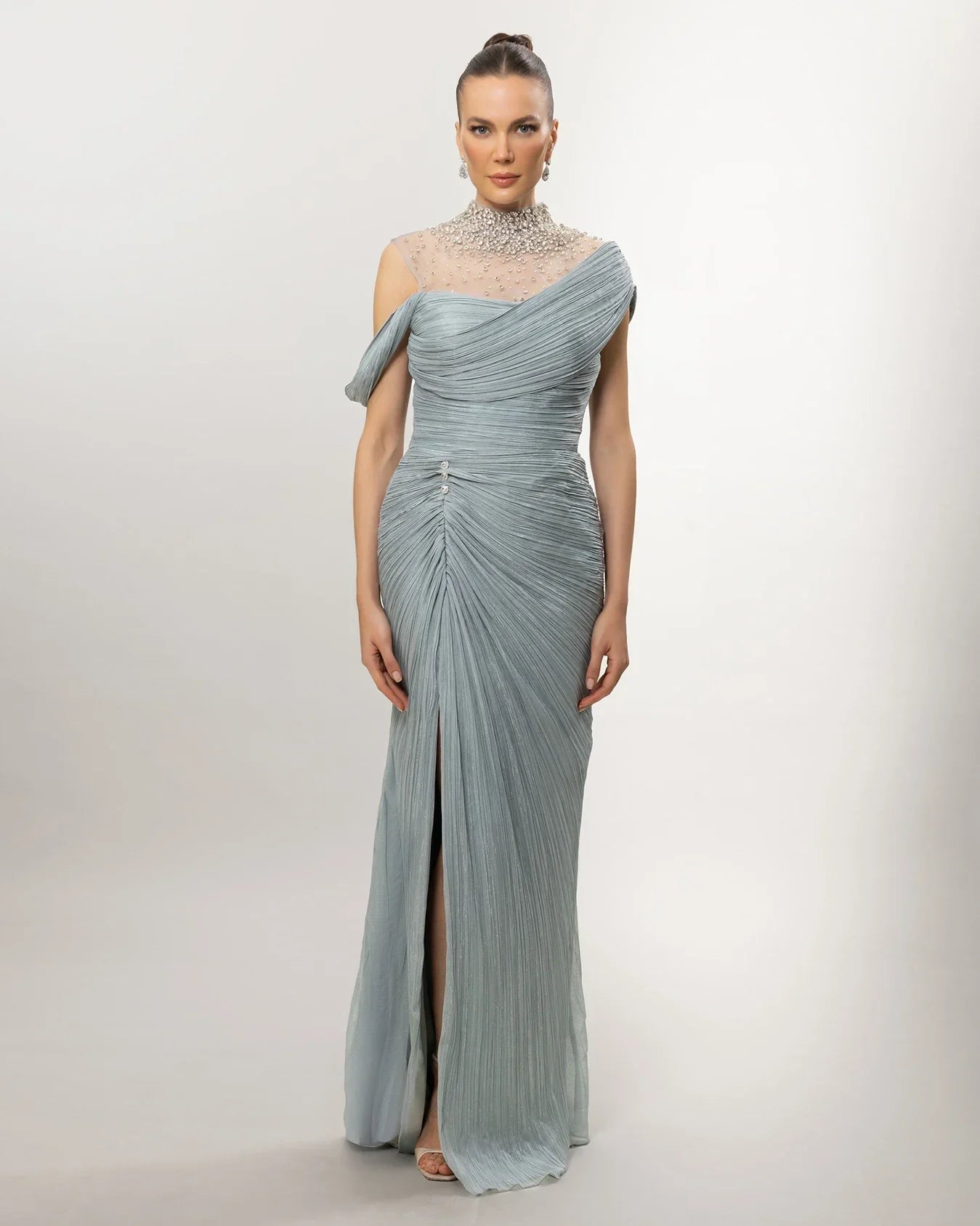 26049-Transparan Yaka Taş İşlemeli Yırtmaçlı Uzun Abiye Elbise - Kenzel