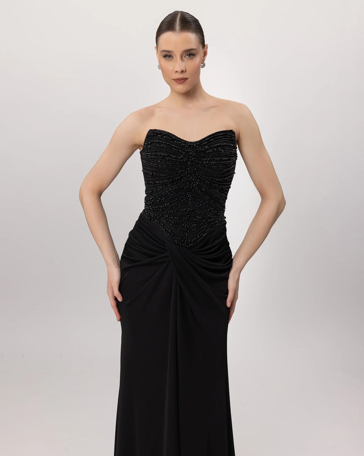 26059-Strapless Long Dress with Beaded Bodice