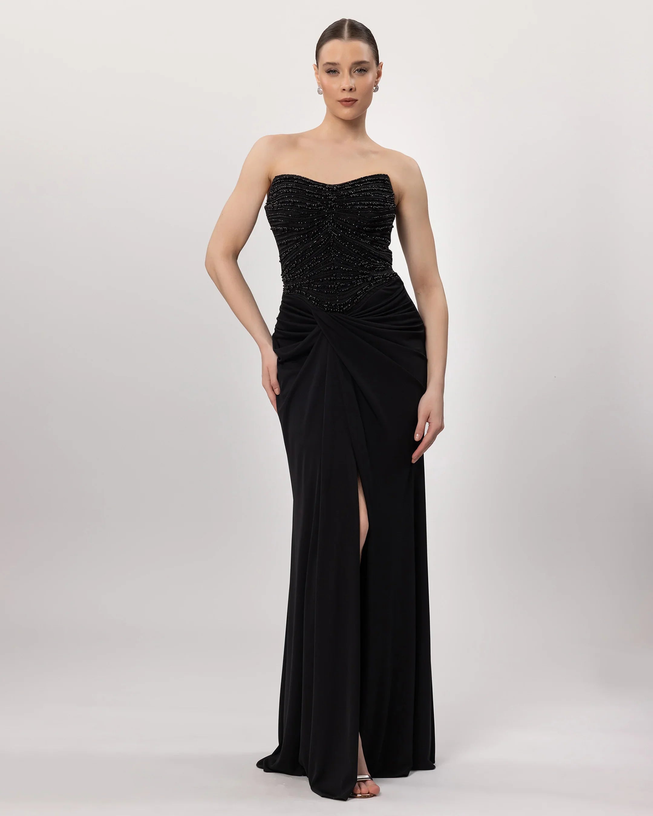 26059-Strapless Long Dress with Beaded Bodice