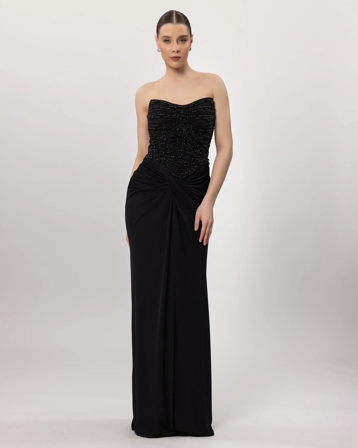 26059-Strapless Long Dress with Beaded Bodice