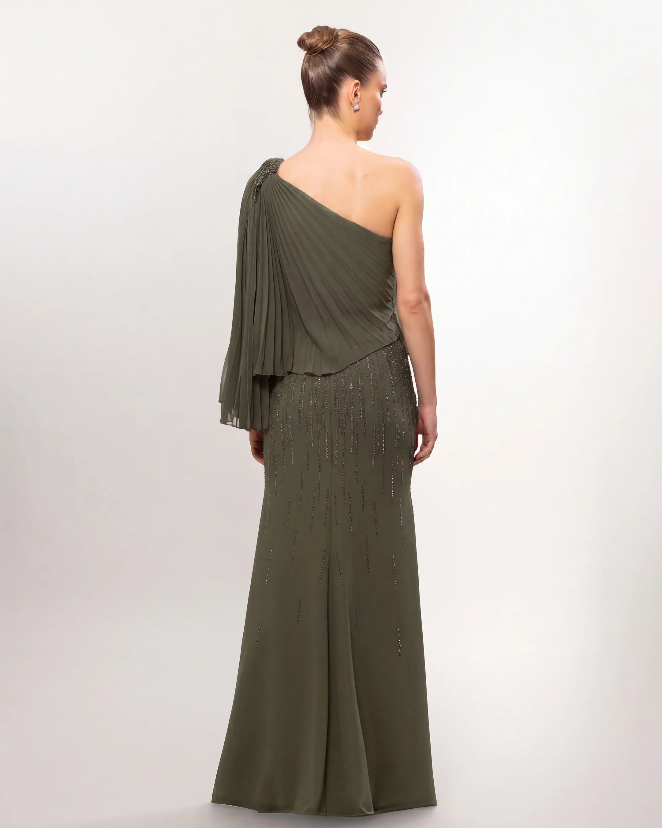 26060-Stone Embellished One Shoulder Pleated Evening Dress