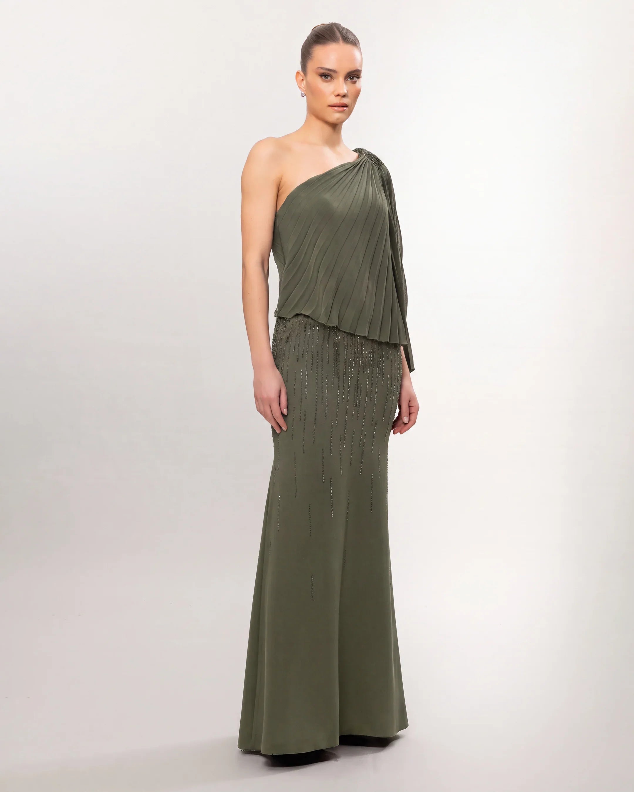 26060-Stone Embellished One Shoulder Pleated Evening Dress