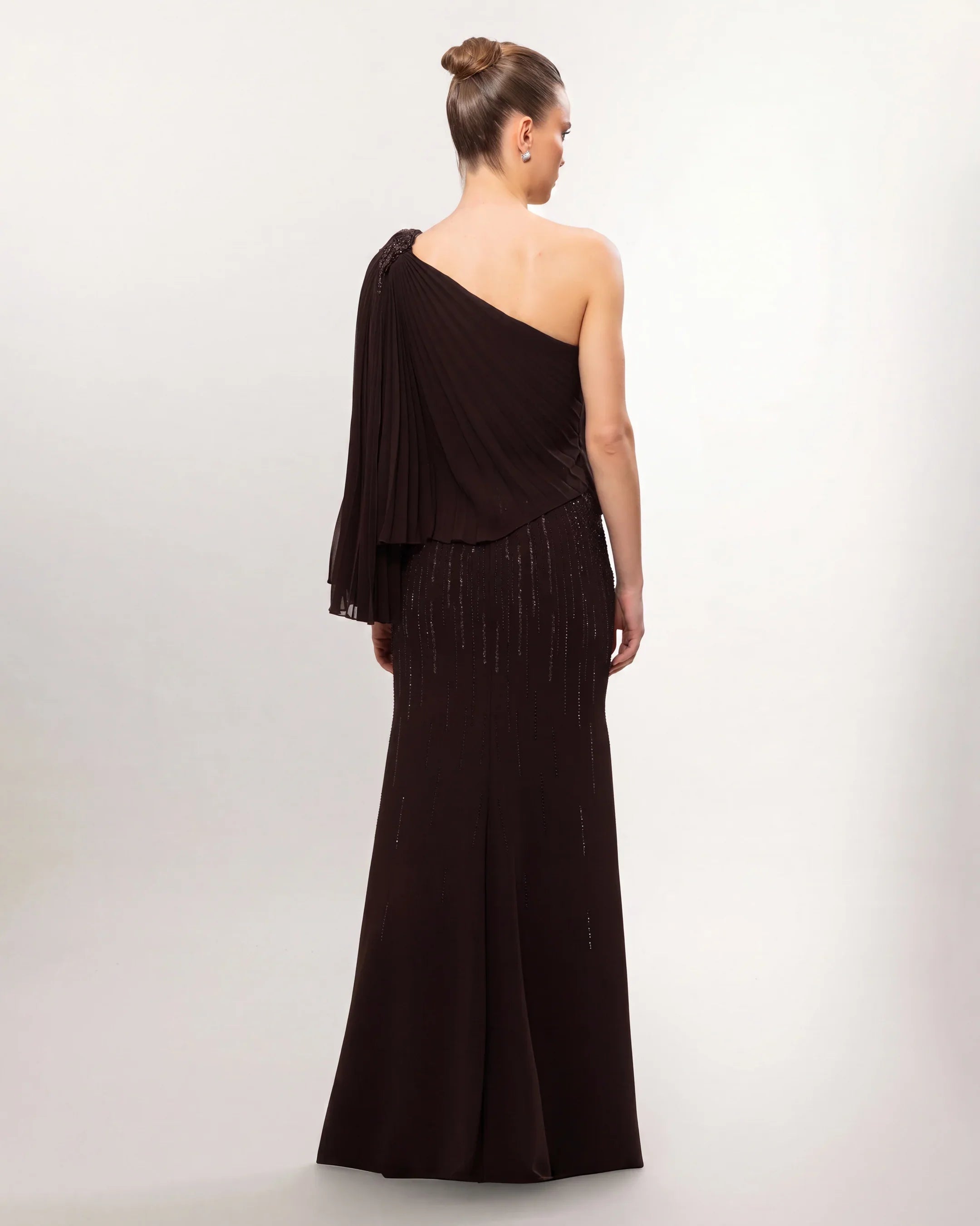 26060-Stone Embellished One Shoulder Pleated Evening Dress