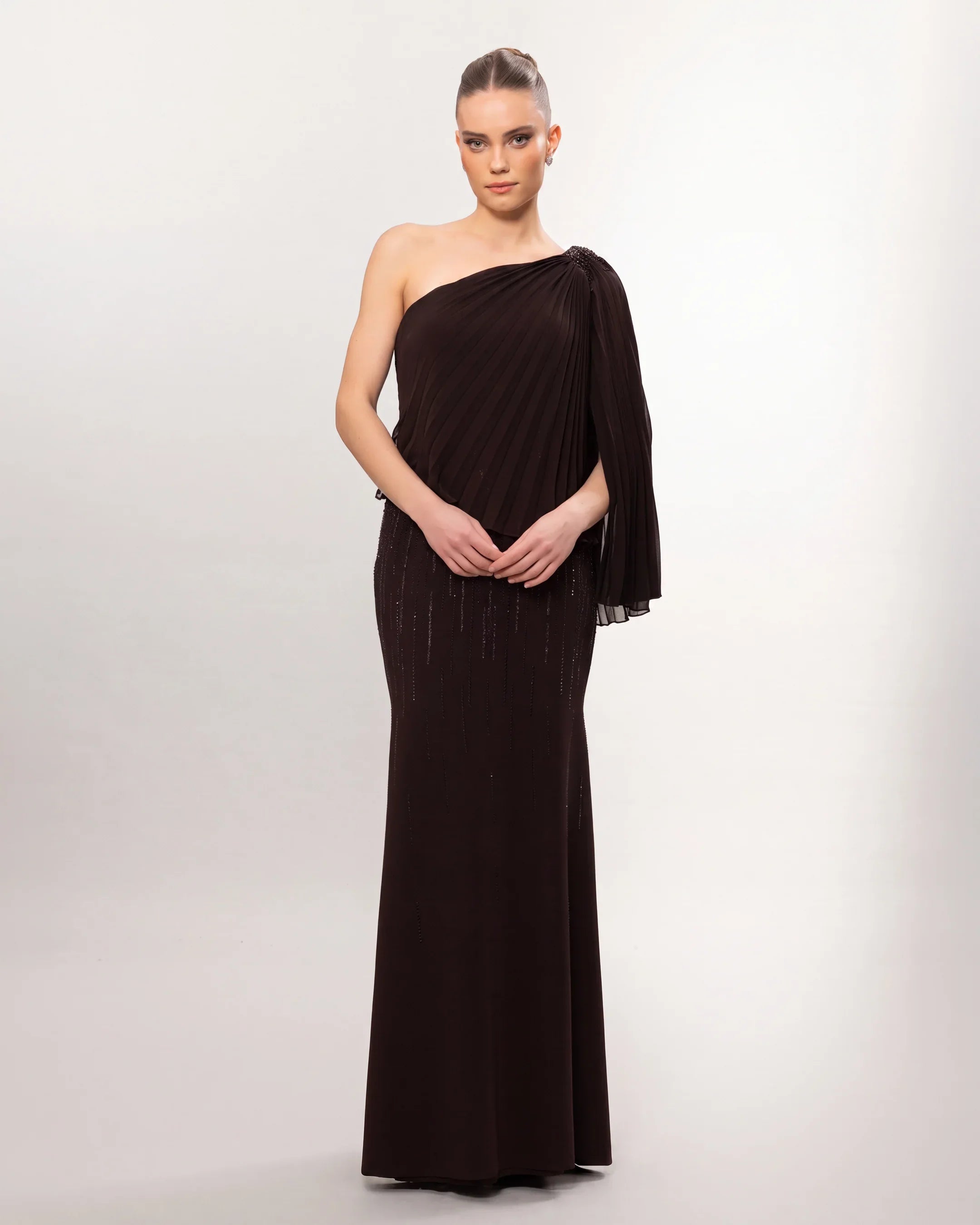 26060-Stone Embellished One Shoulder Pleated Evening Dress