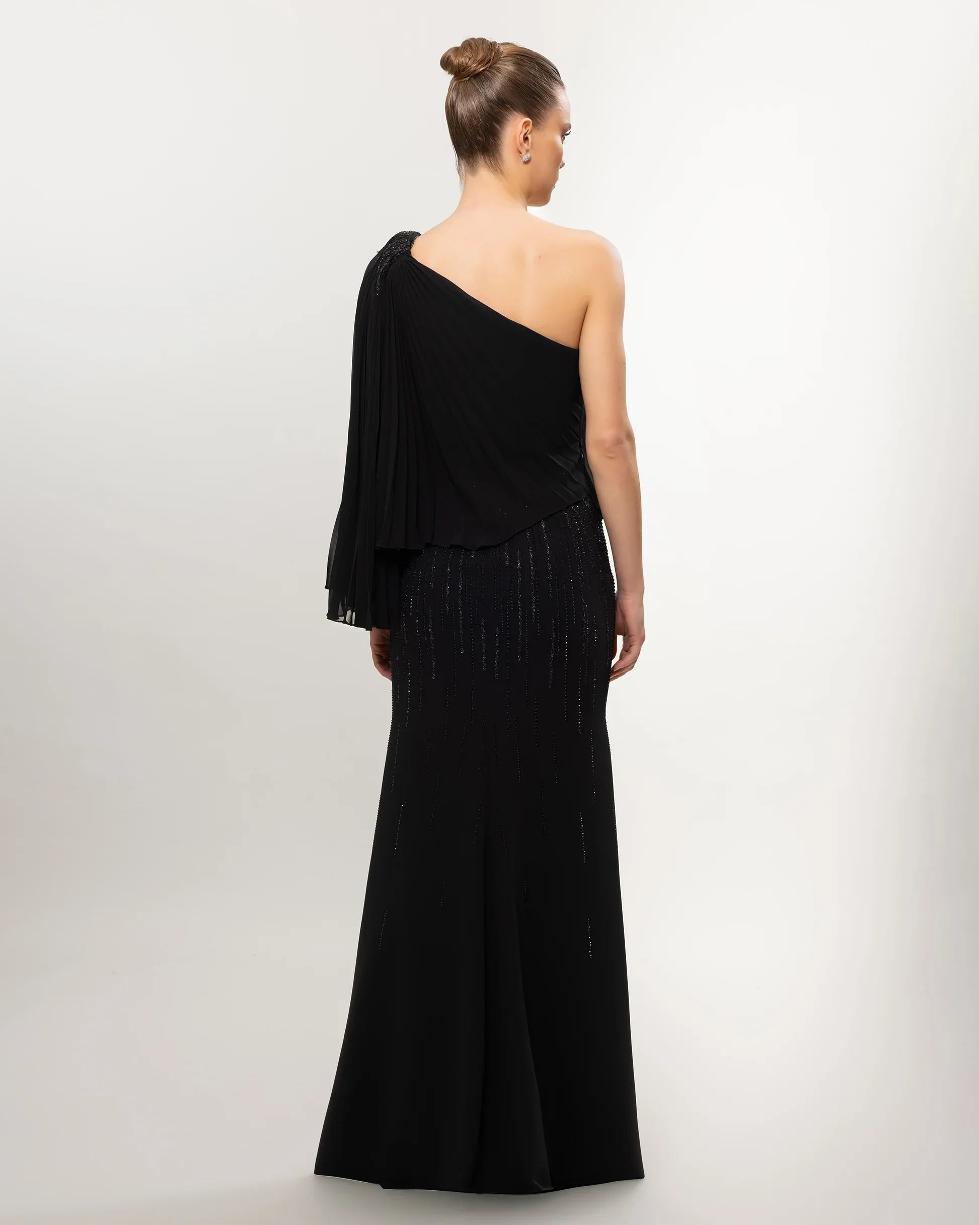 26060-Stone Embellished One Shoulder Pleated Evening Dress