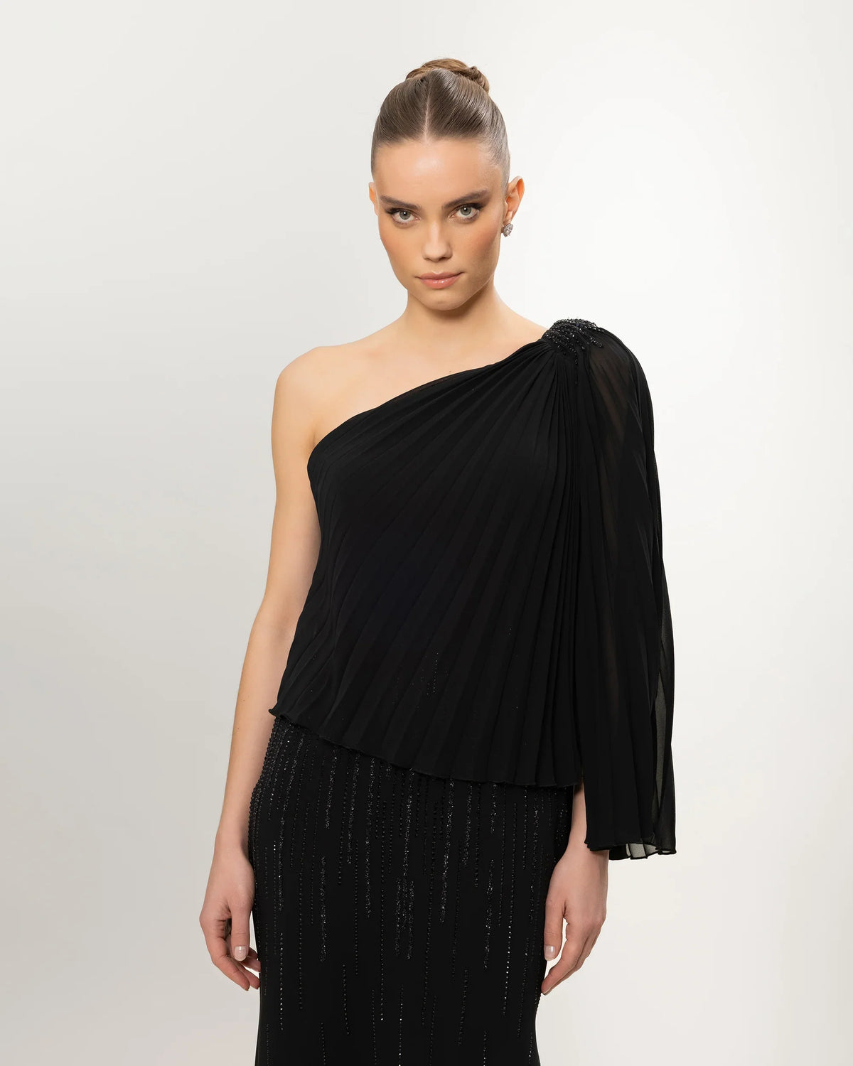 26060-Stone Embellished One Shoulder Pleated Evening Dress