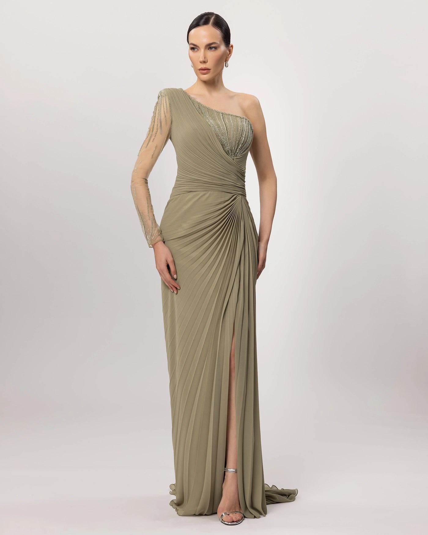 26065-Tek Omuz İşlemli Drapeli Uzun Elbise