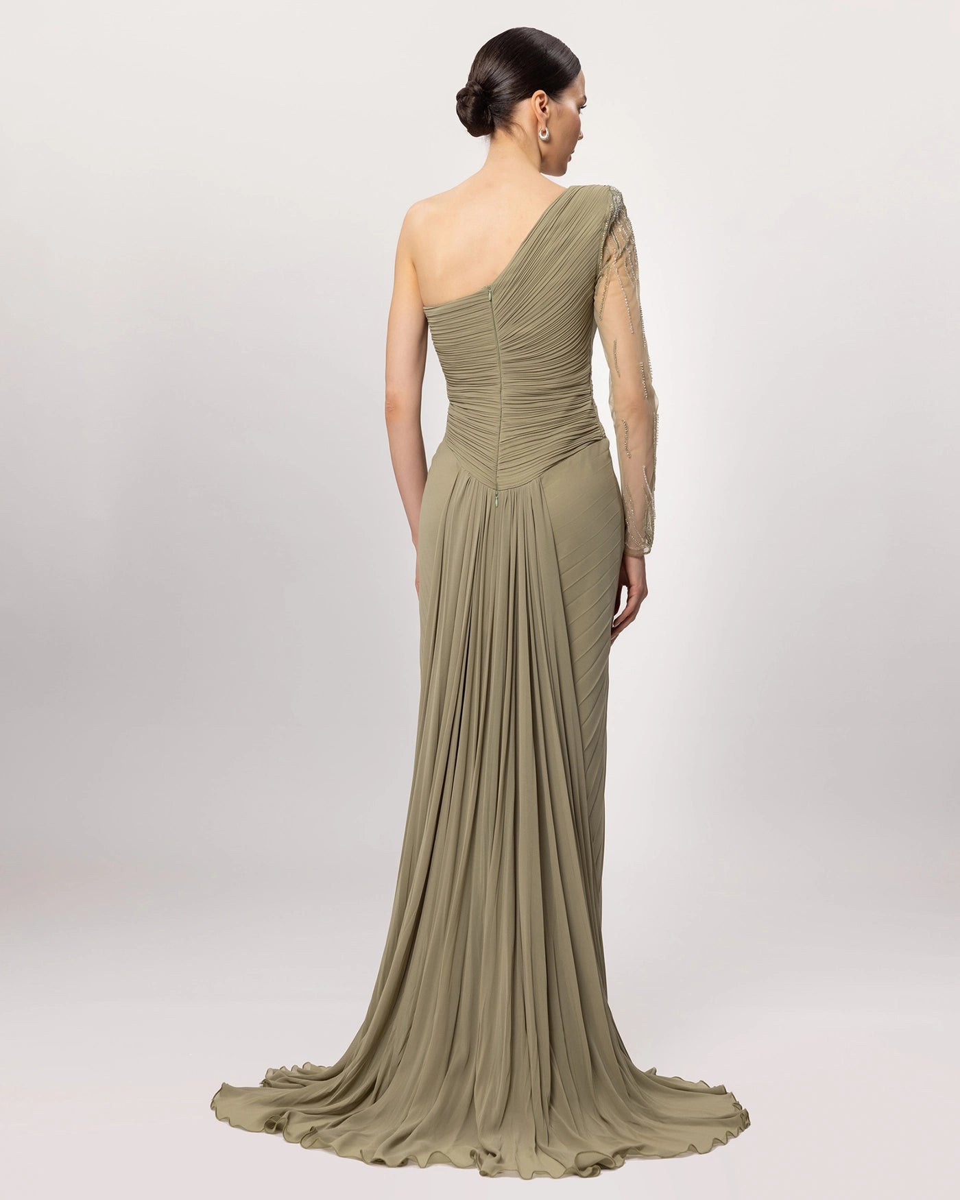 26065-Tek Omuz İşlemli Drapeli Uzun Elbise