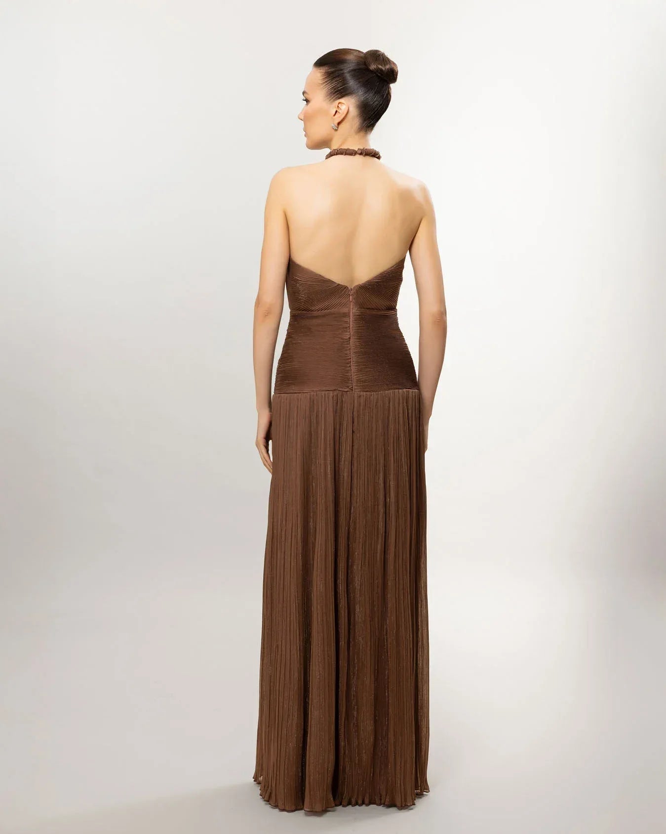 26066-Boyundan Bağlamalı Piliseli Yırtmaçlı Abiye Elbise - Kenzel