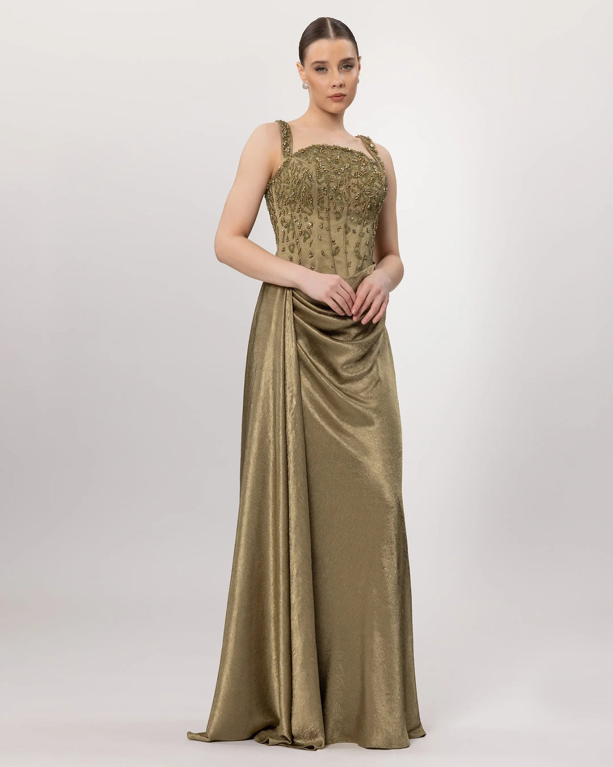 26068-Embroidered Corset Detailed Draped Long Evening Dress