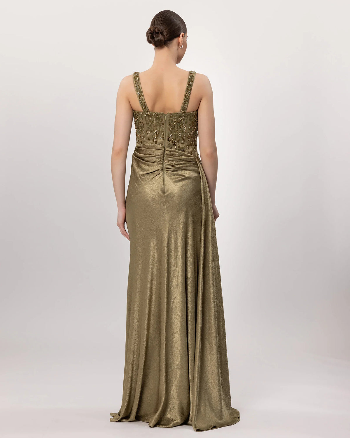 26068-Embroidered Corset Detailed Draped Long Evening Dress
