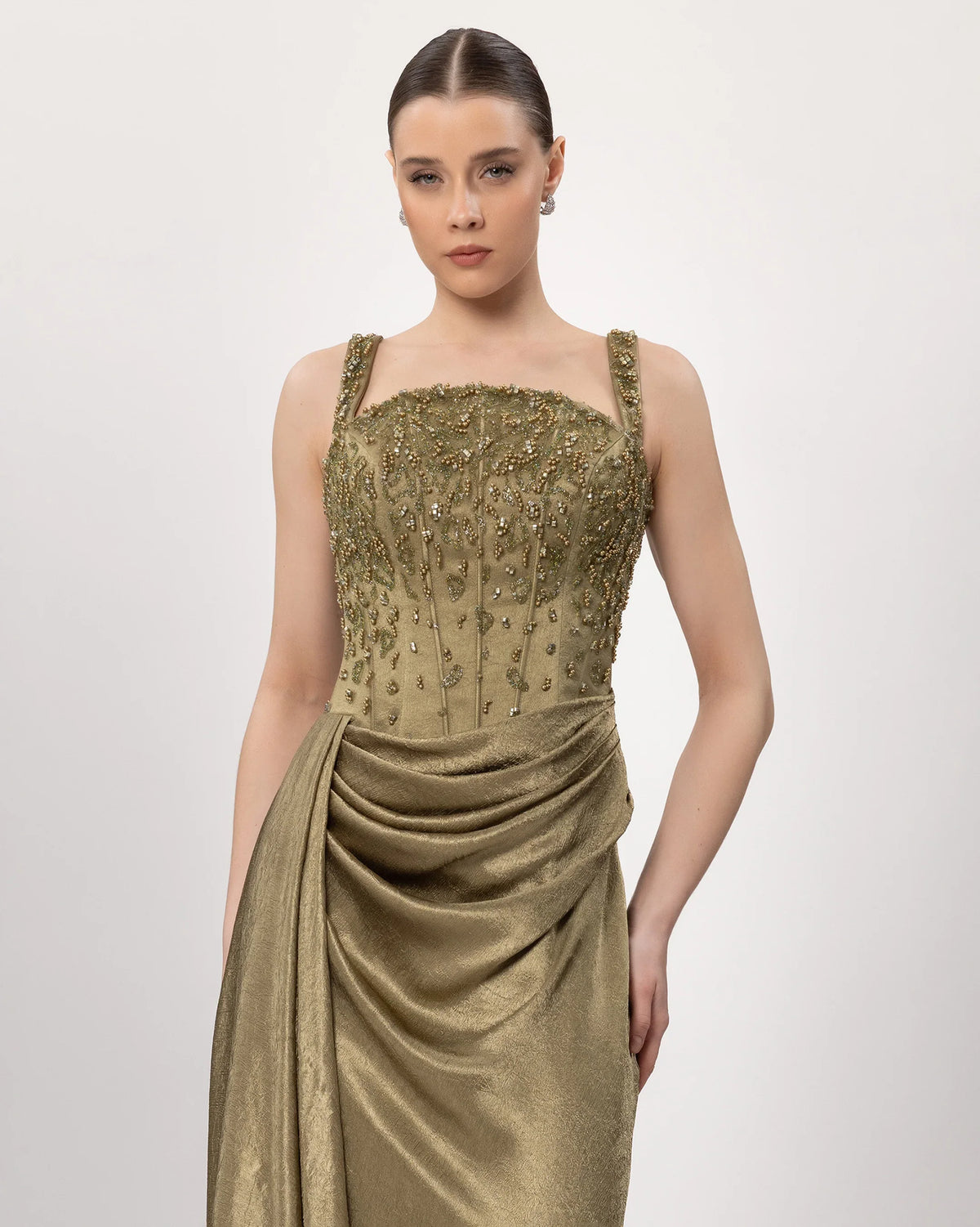 26068-Embroidered Corset Detailed Draped Long Evening Dress