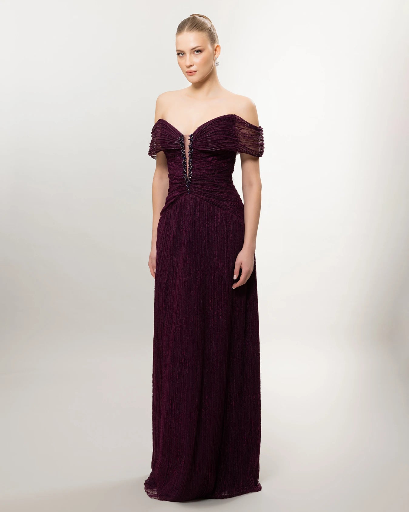 26071-Romantik Dantel Detaylı Düşük Omuz Uzun Abiye Elbise