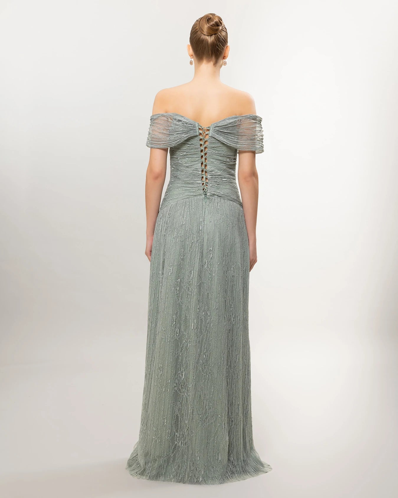 26071-Romantik Dantel Detaylı Düşük Omuz Uzun Abiye Elbise