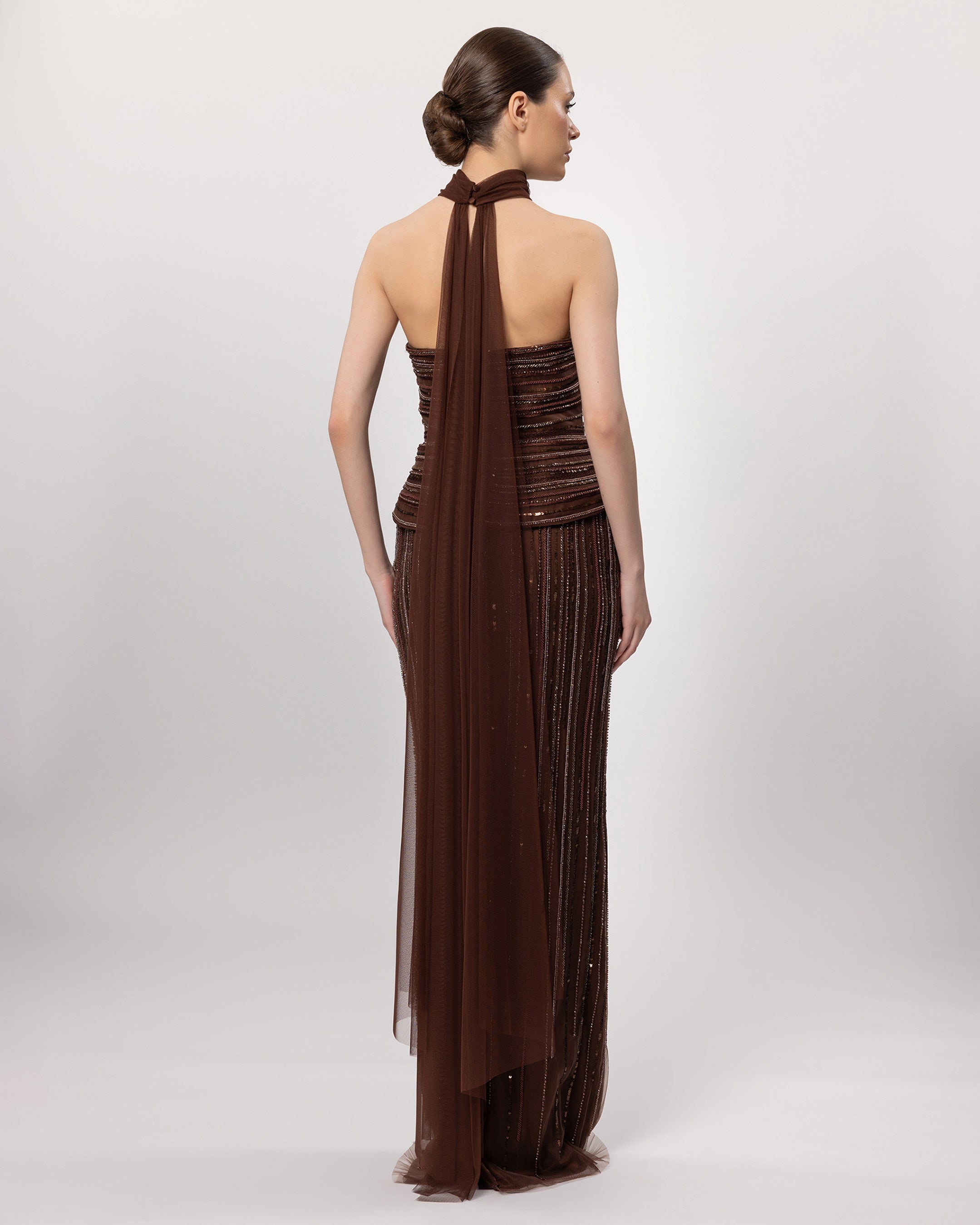 26076-Straplez Peplum Detaylı Boncuk İşlemeli Uzun Abiye
