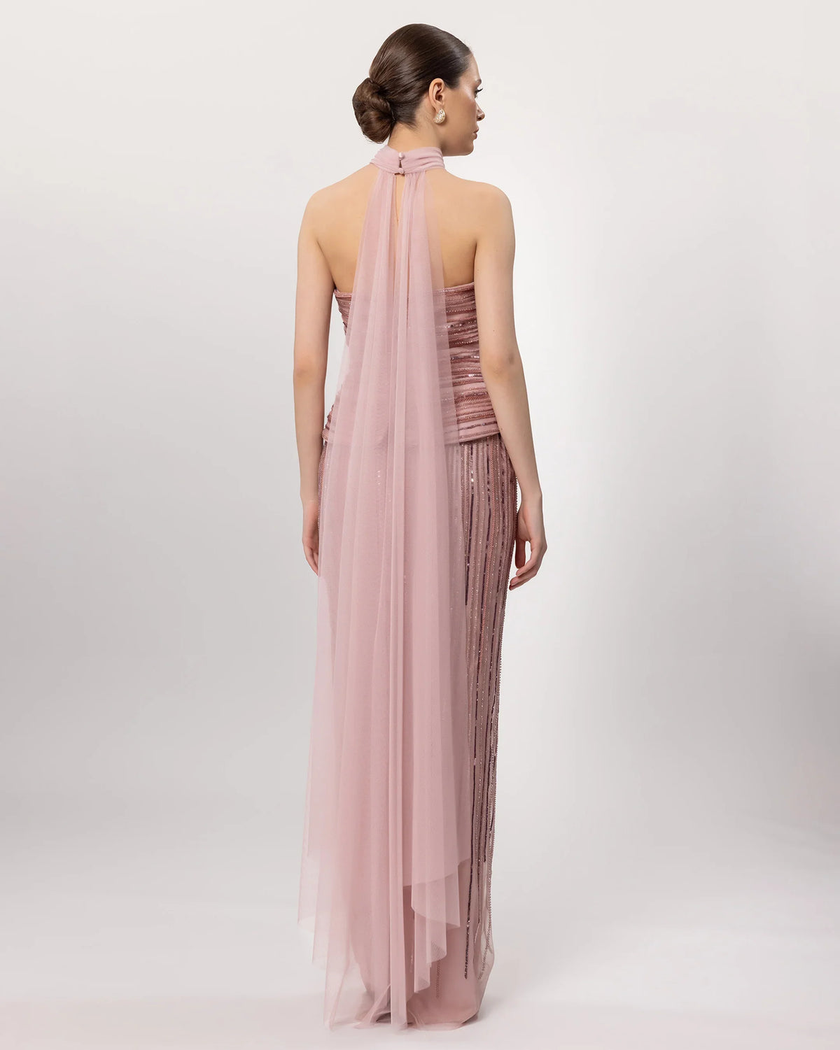 26076-Straplez Peplum Detaylı Boncuk İşlemeli Uzun Abiye