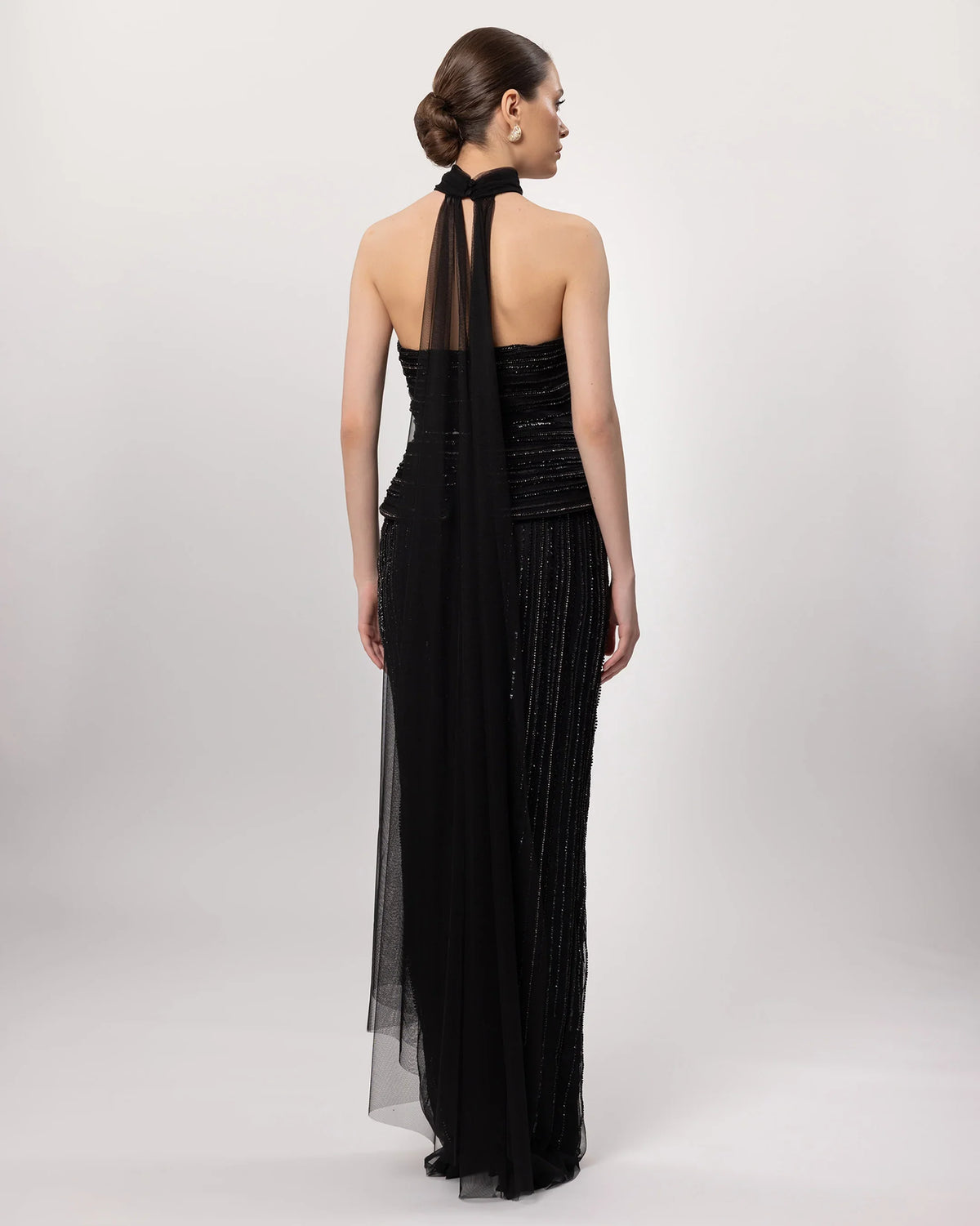 26076-Straplez Peplum Detaylı Boncuk İşlemeli Uzun Abiye