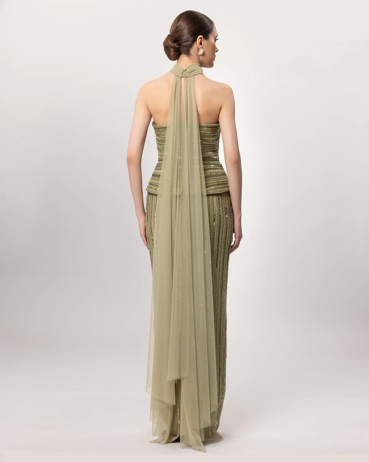 26076-Straplez Peplum Detaylı Boncuk İşlemeli Uzun Abiye