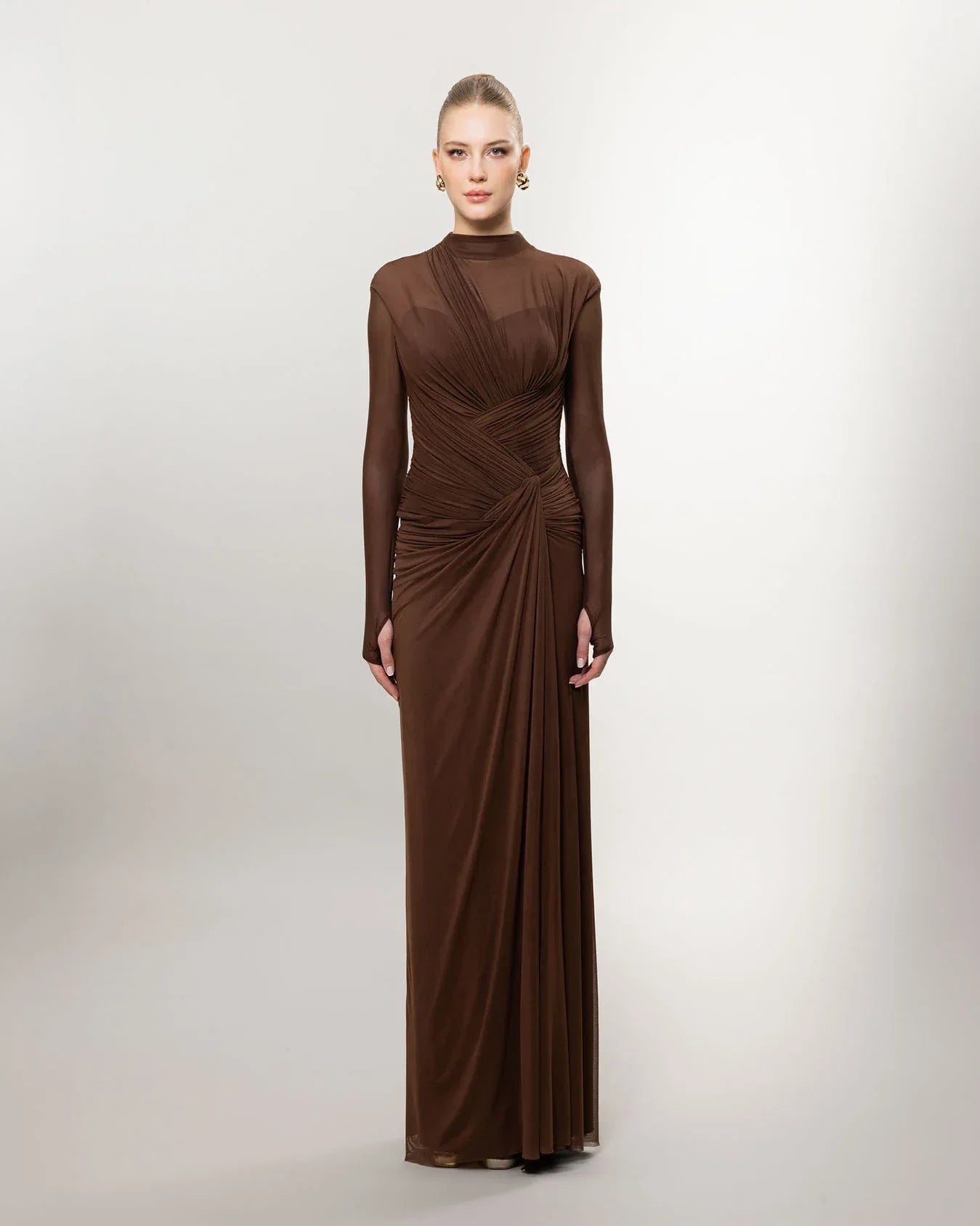 26080-Uzun Kollu Yırtmaçlı Drapeli Uzun Abiye Elbise - Kenzel