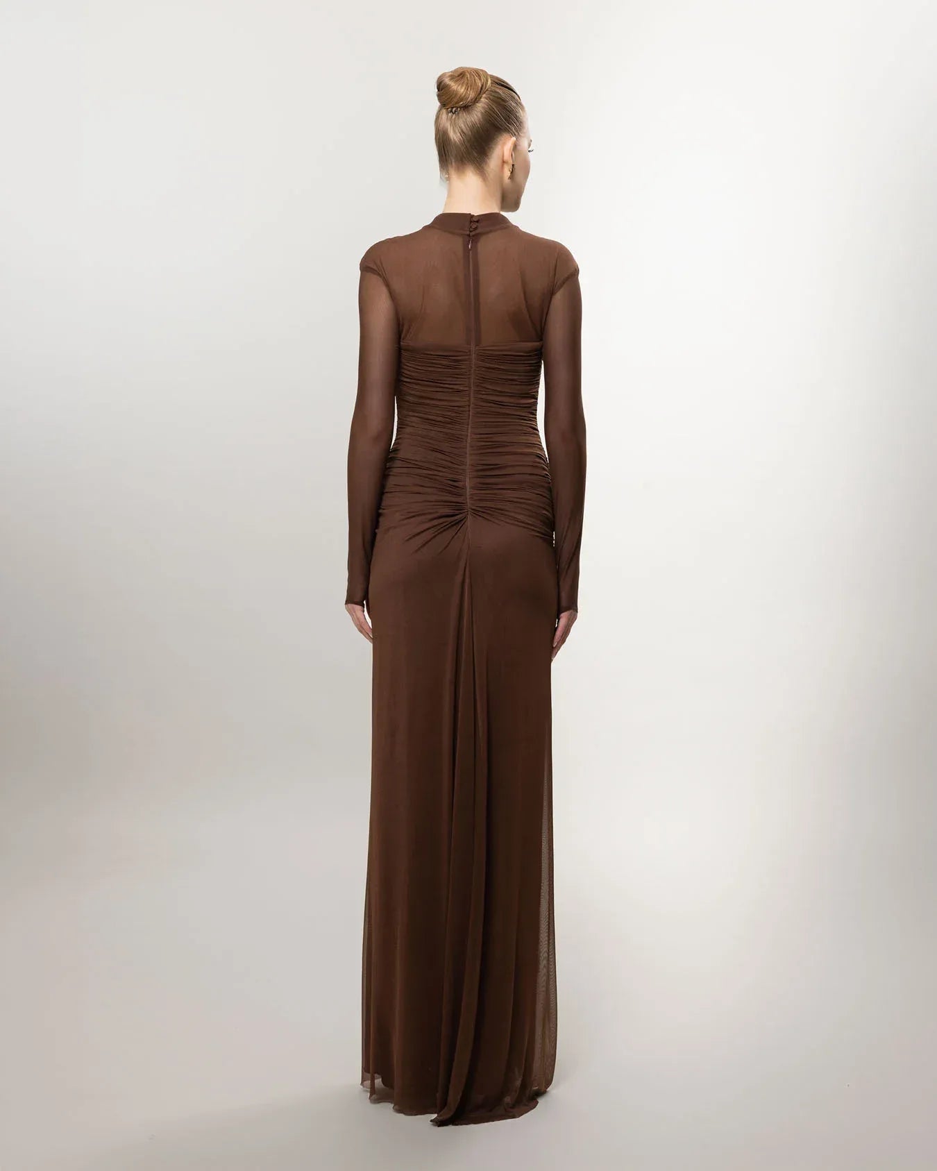 26080-Uzun Kollu Yırtmaçlı Drapeli Uzun Abiye Elbise - Kenzel