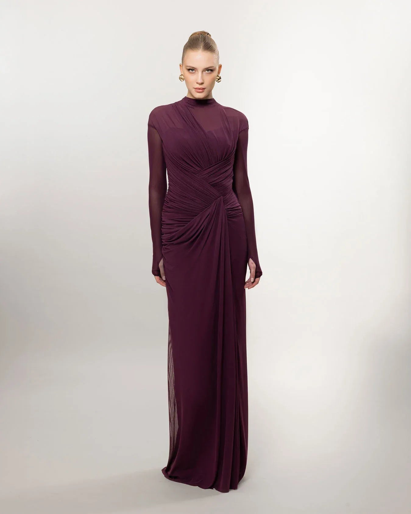 26080-Uzun Kollu Yırtmaçlı Drapeli Uzun Abiye Elbise - Kenzel