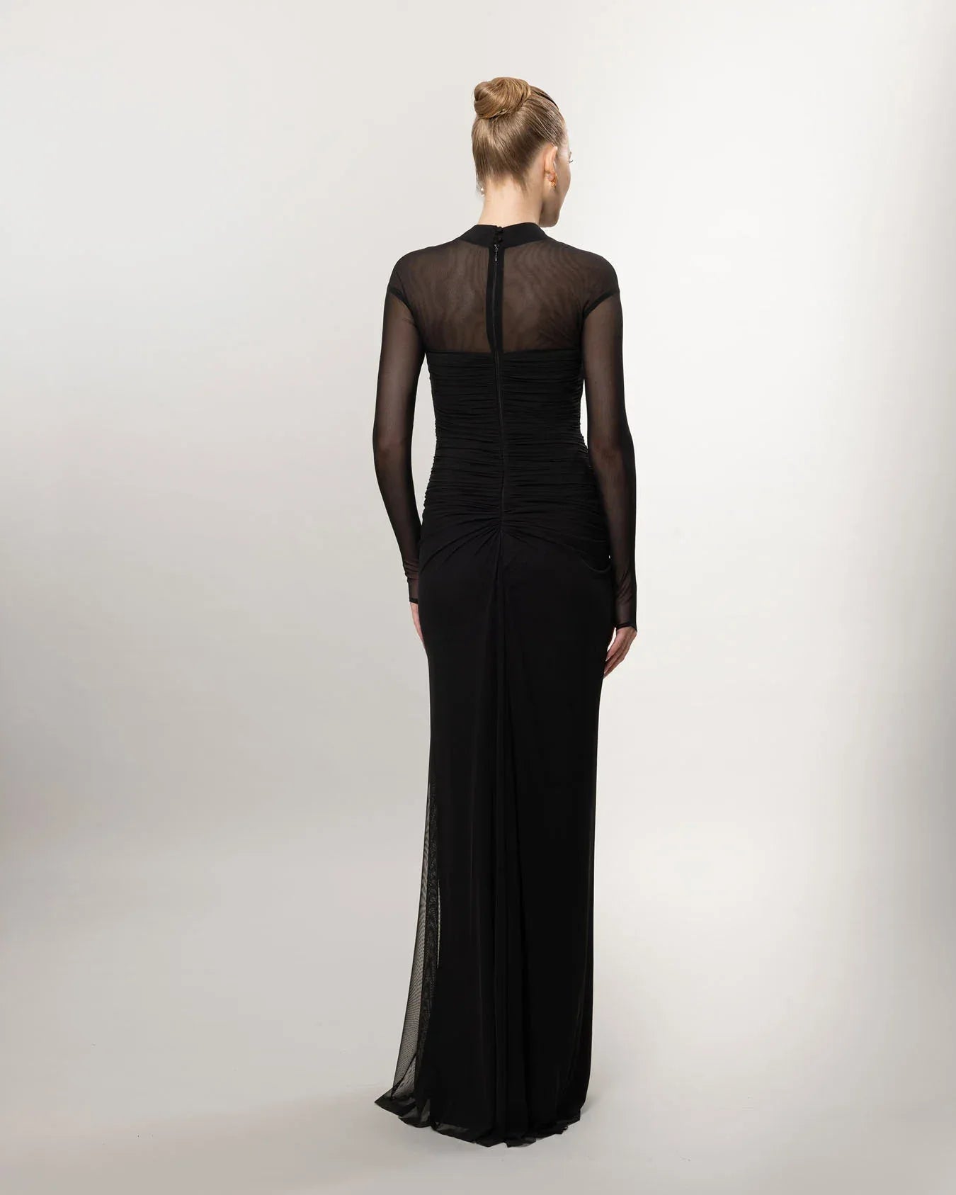 26080-Uzun Kollu Yırtmaçlı Drapeli Uzun Abiye Elbise - Kenzel