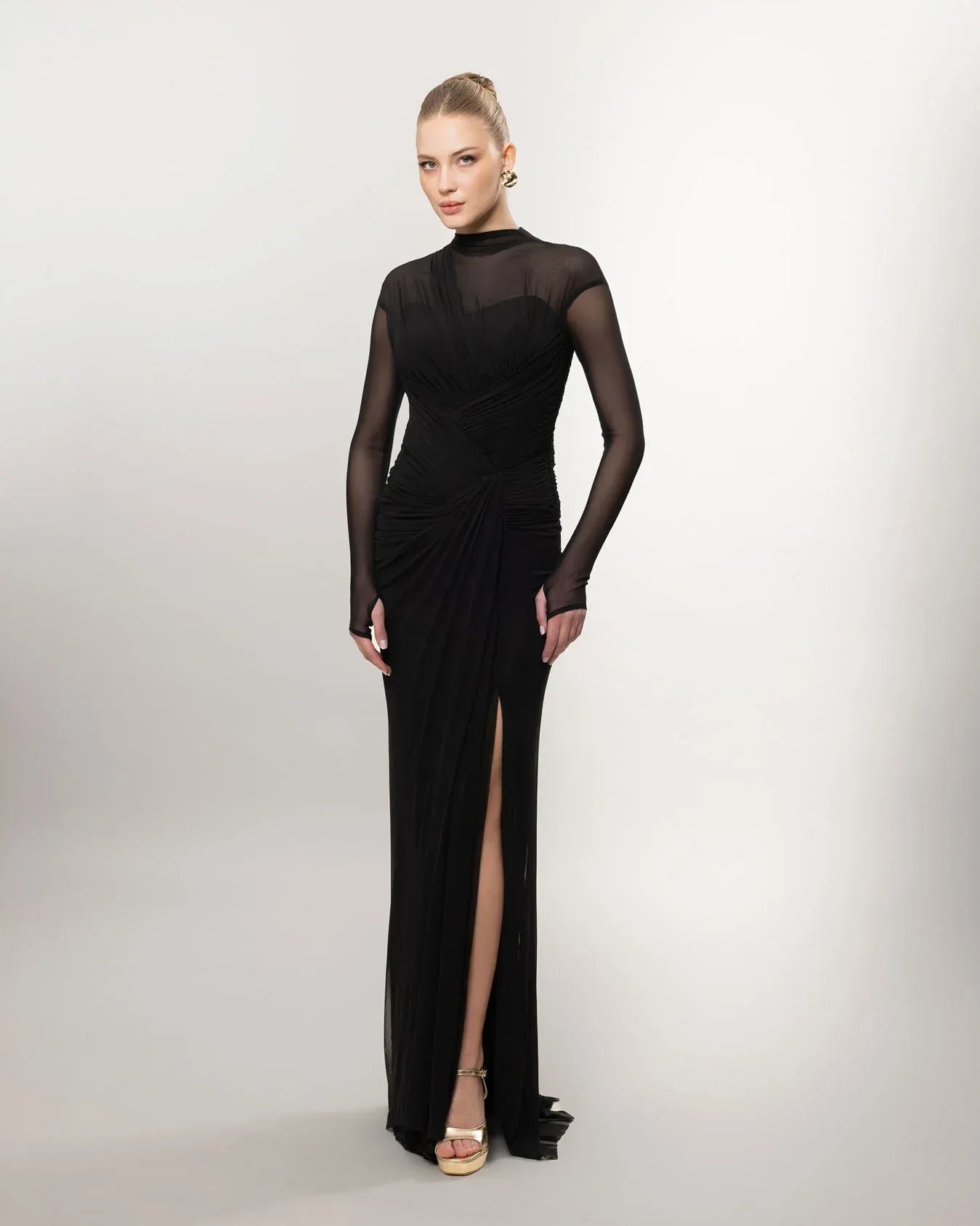 26080-Uzun Kollu Yırtmaçlı Drapeli Uzun Abiye Elbise - Kenzel