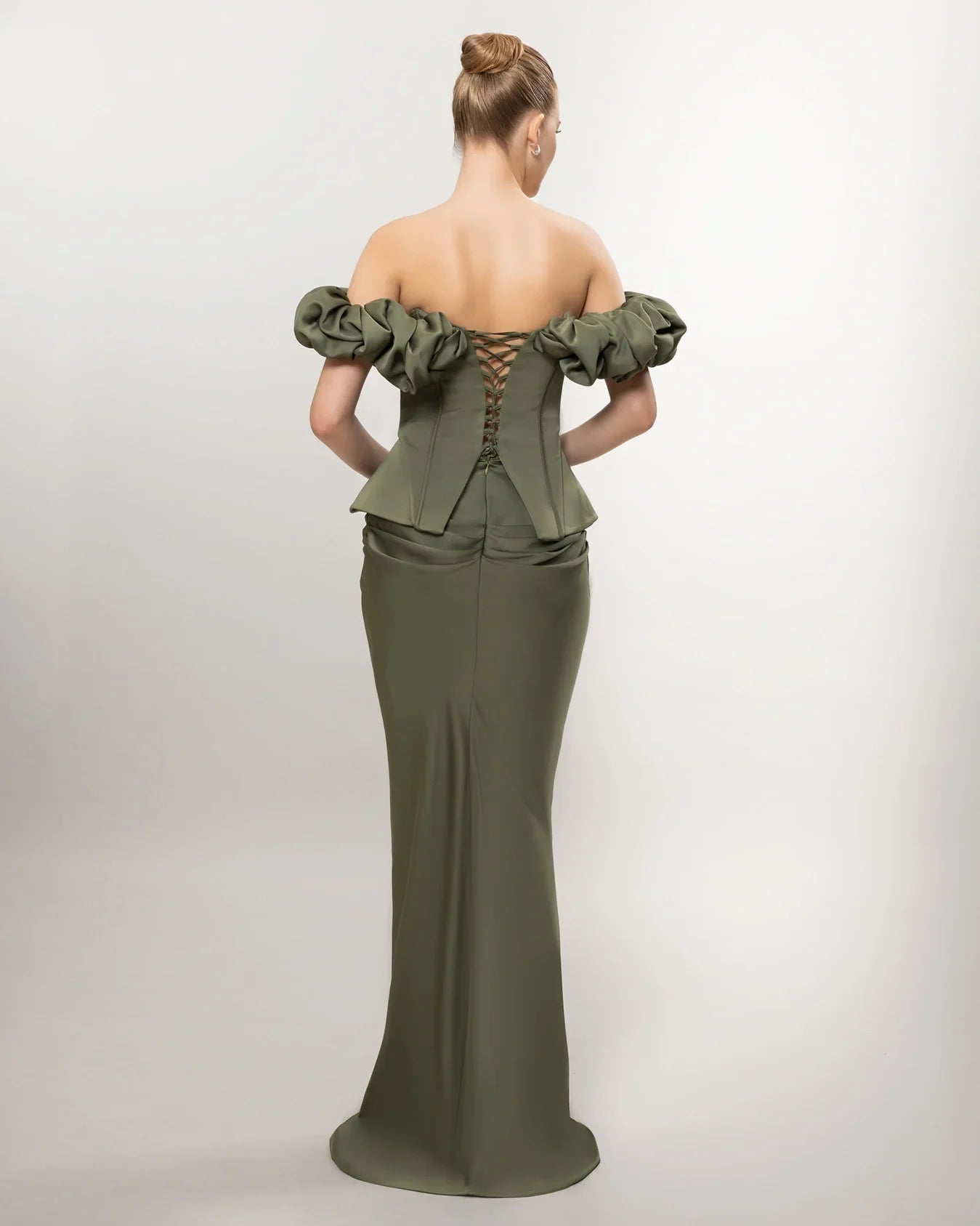 26081-Düşük Omuz Balon Kollu Korse Bel Uzun Elbise - Kenzel