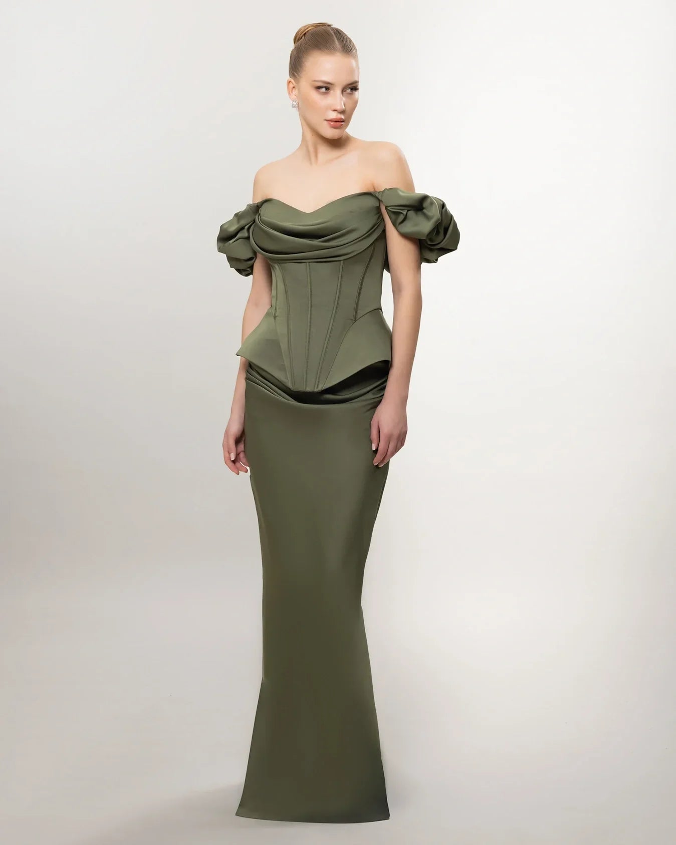 26081-Düşük Omuz Balon Kollu Korse Bel Uzun Elbise - Kenzel