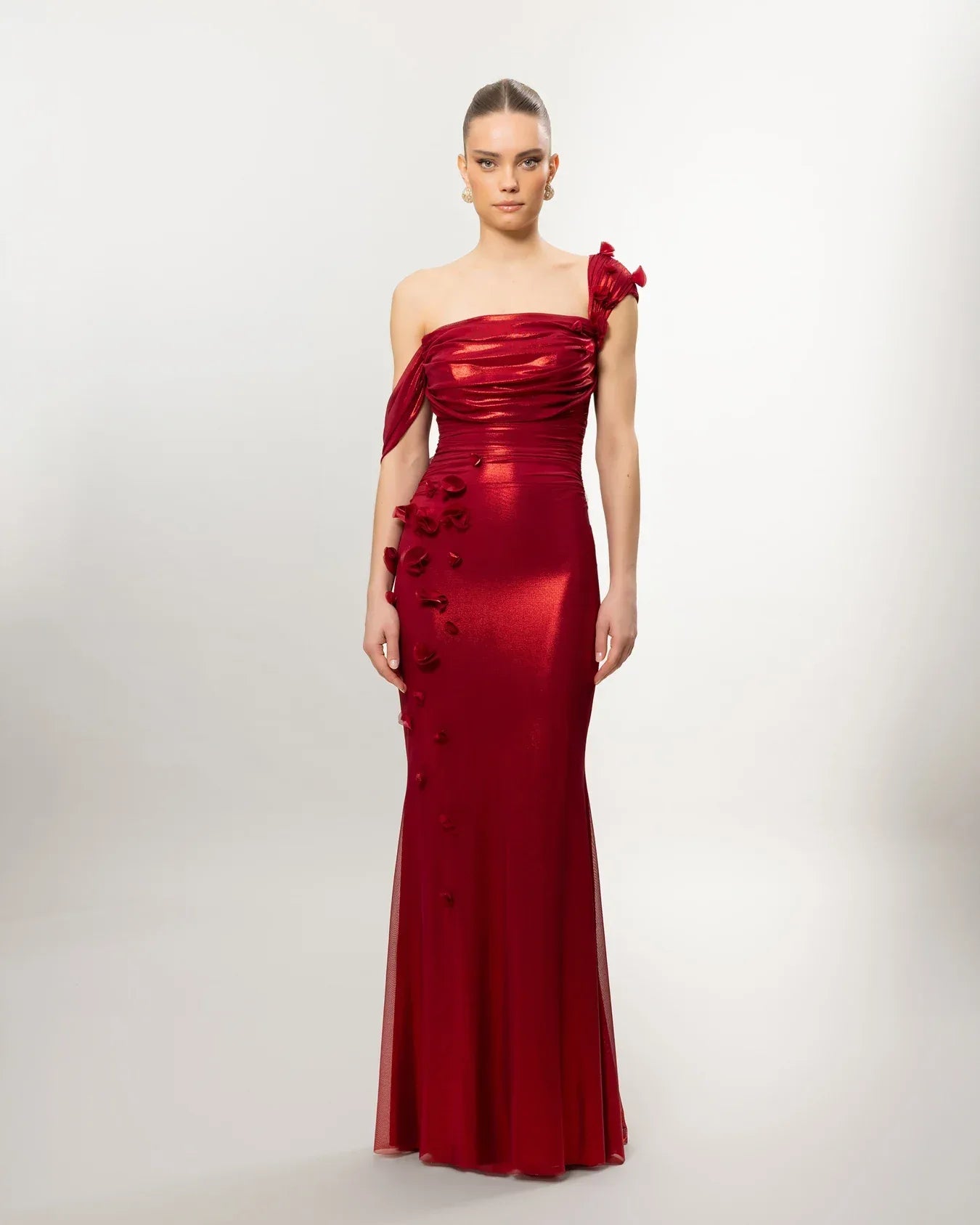 26084-Çiçek Detaylı Drapeli Fit Balık Elbise - Kenzel