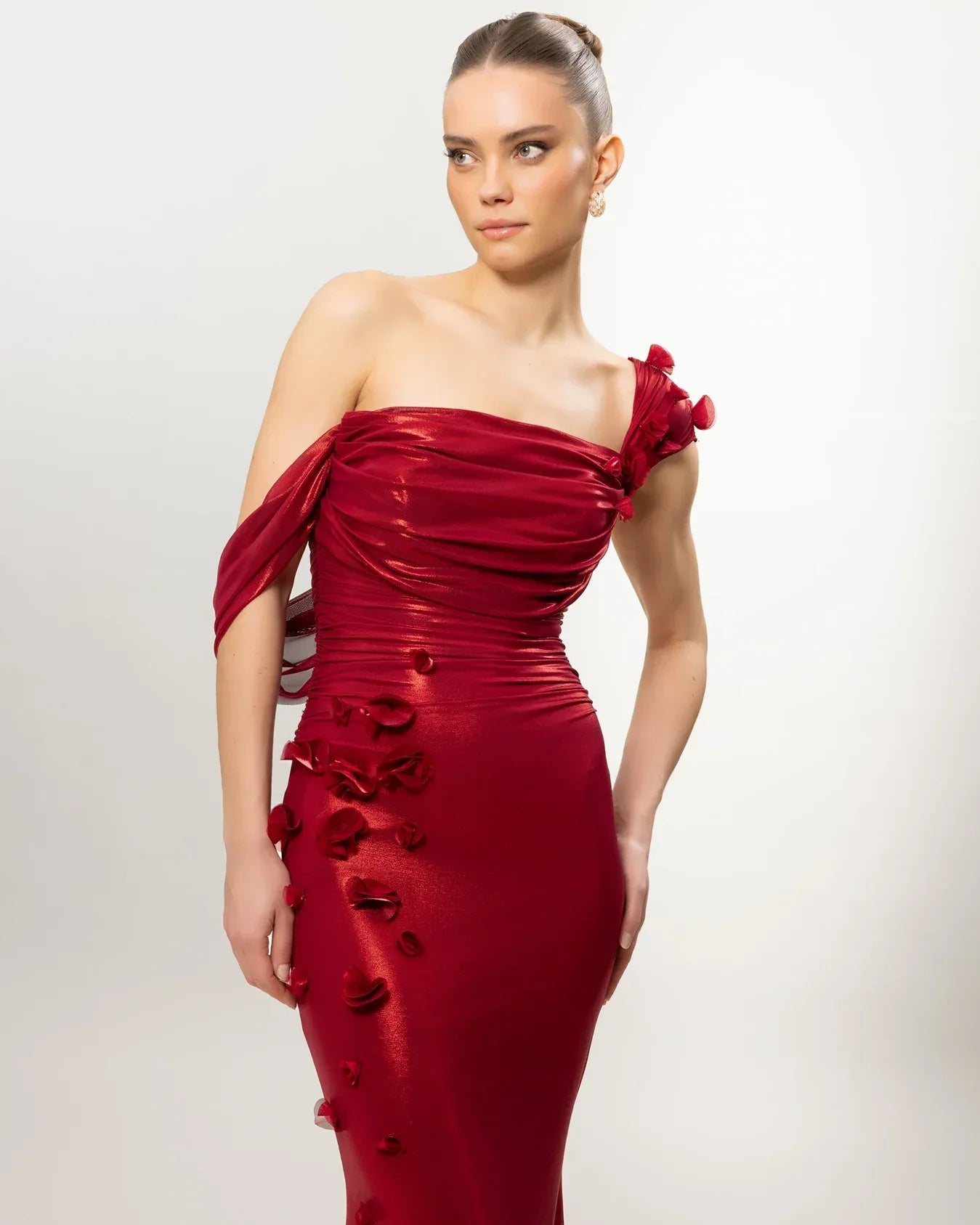 26084-Çiçek Detaylı Drapeli Fit Balık Elbise - Kenzel