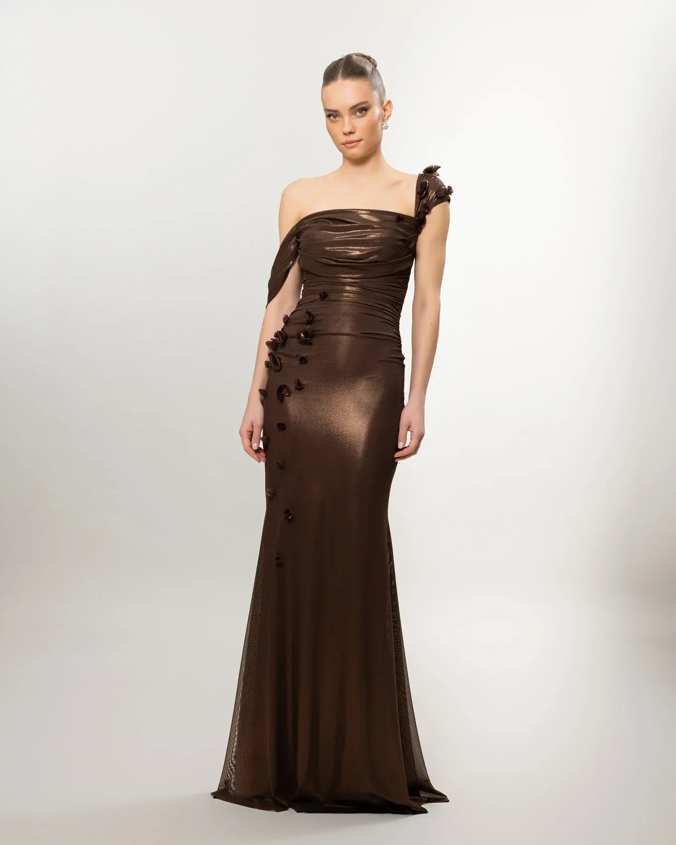 26084-Çiçek Detaylı Drapeli Fit Balık Elbise - Kenzel