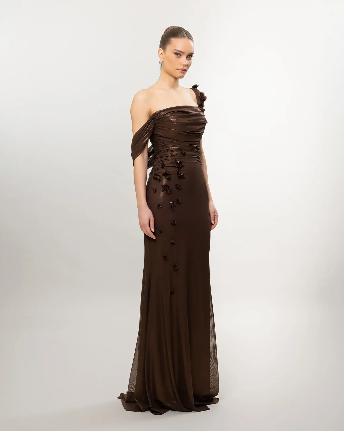 26084-Çiçek Detaylı Drapeli Fit Balık Elbise - Kenzel