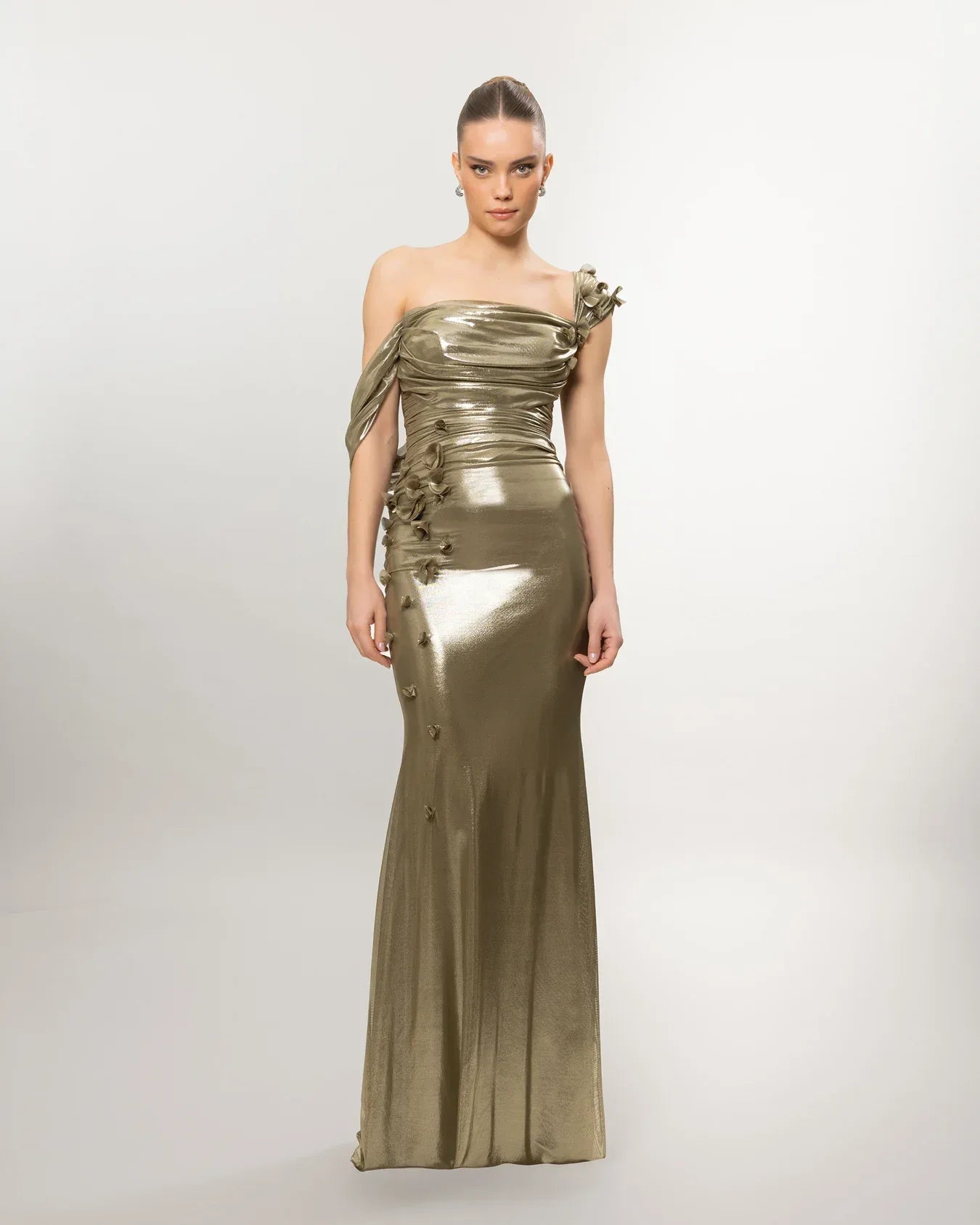 26084-Çiçek Detaylı Drapeli Fit Balık Elbise - Kenzel