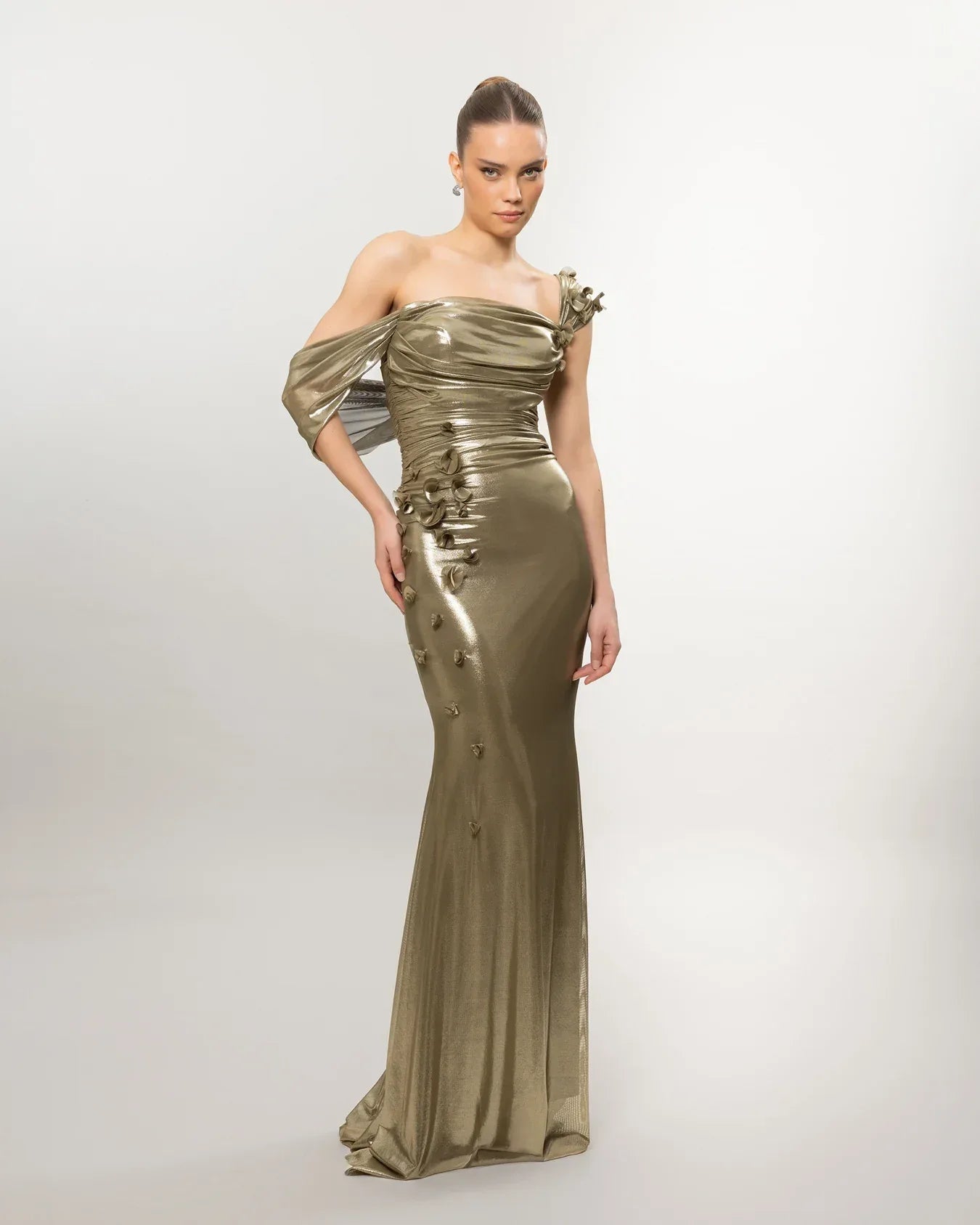 26084-Çiçek Detaylı Drapeli Fit Balık Elbise - Kenzel