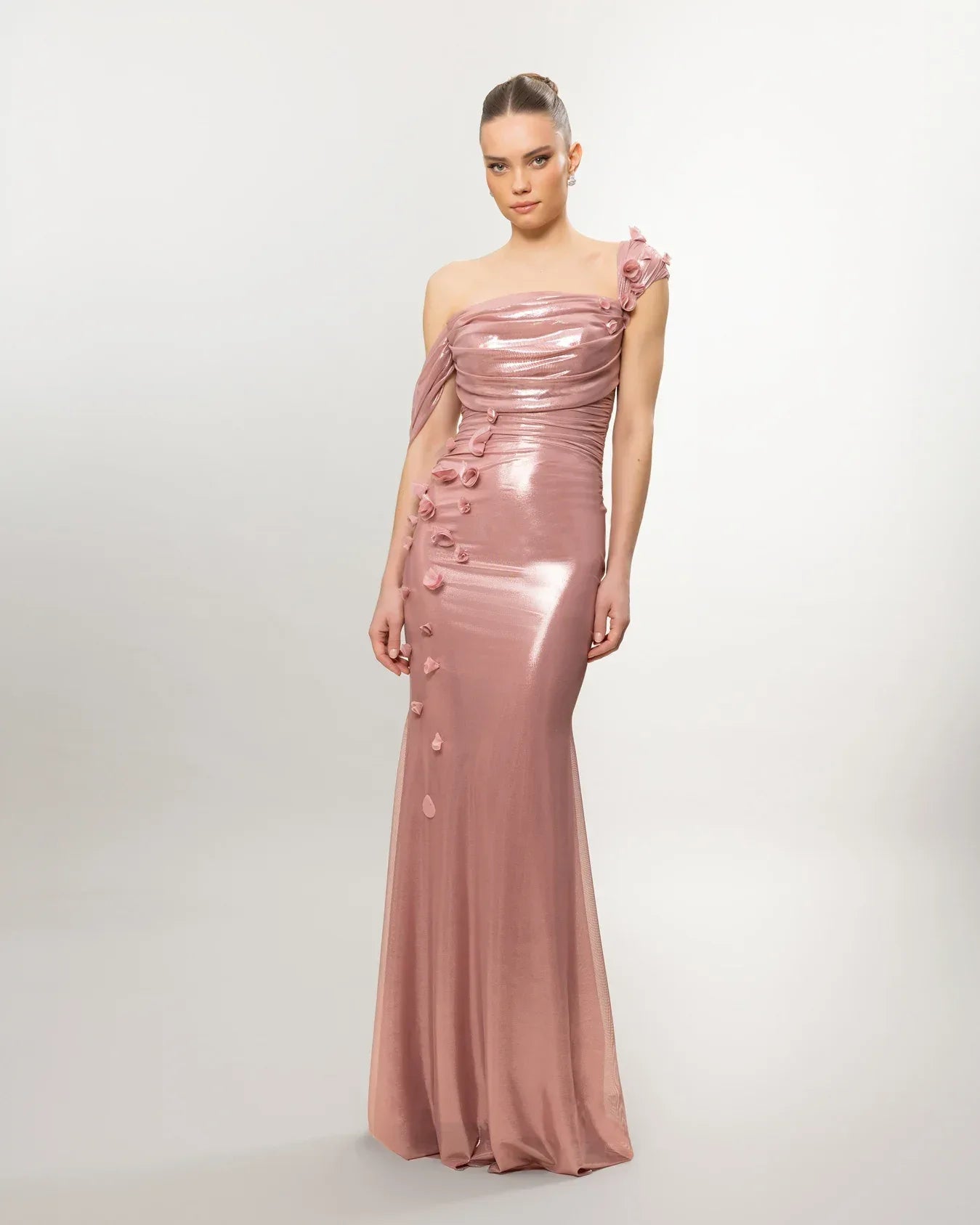 26084-Çiçek Detaylı Drapeli Fit Balık Elbise - Kenzel