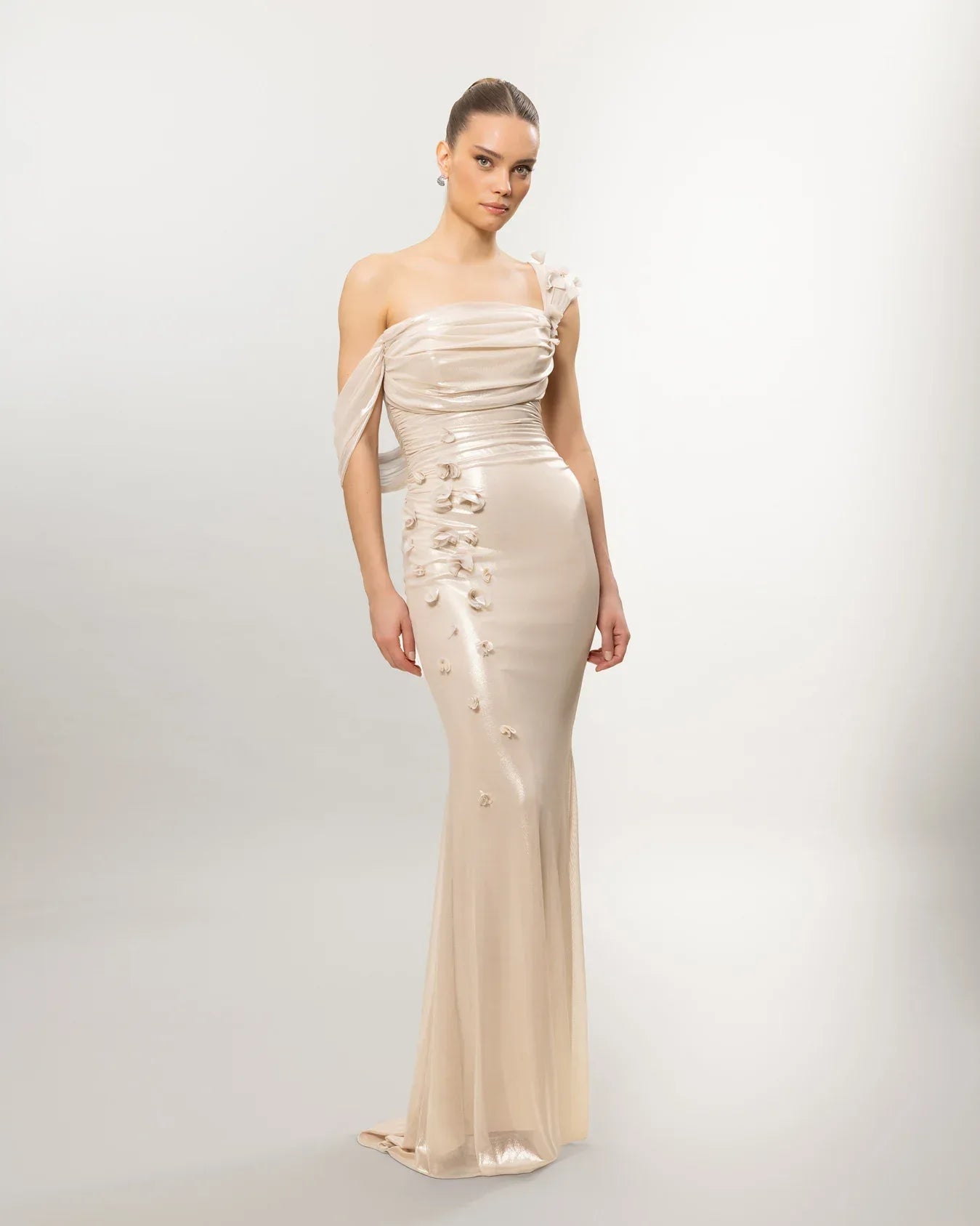 26084-Çiçek Detaylı Drapeli Fit Balık Elbise - Kenzel