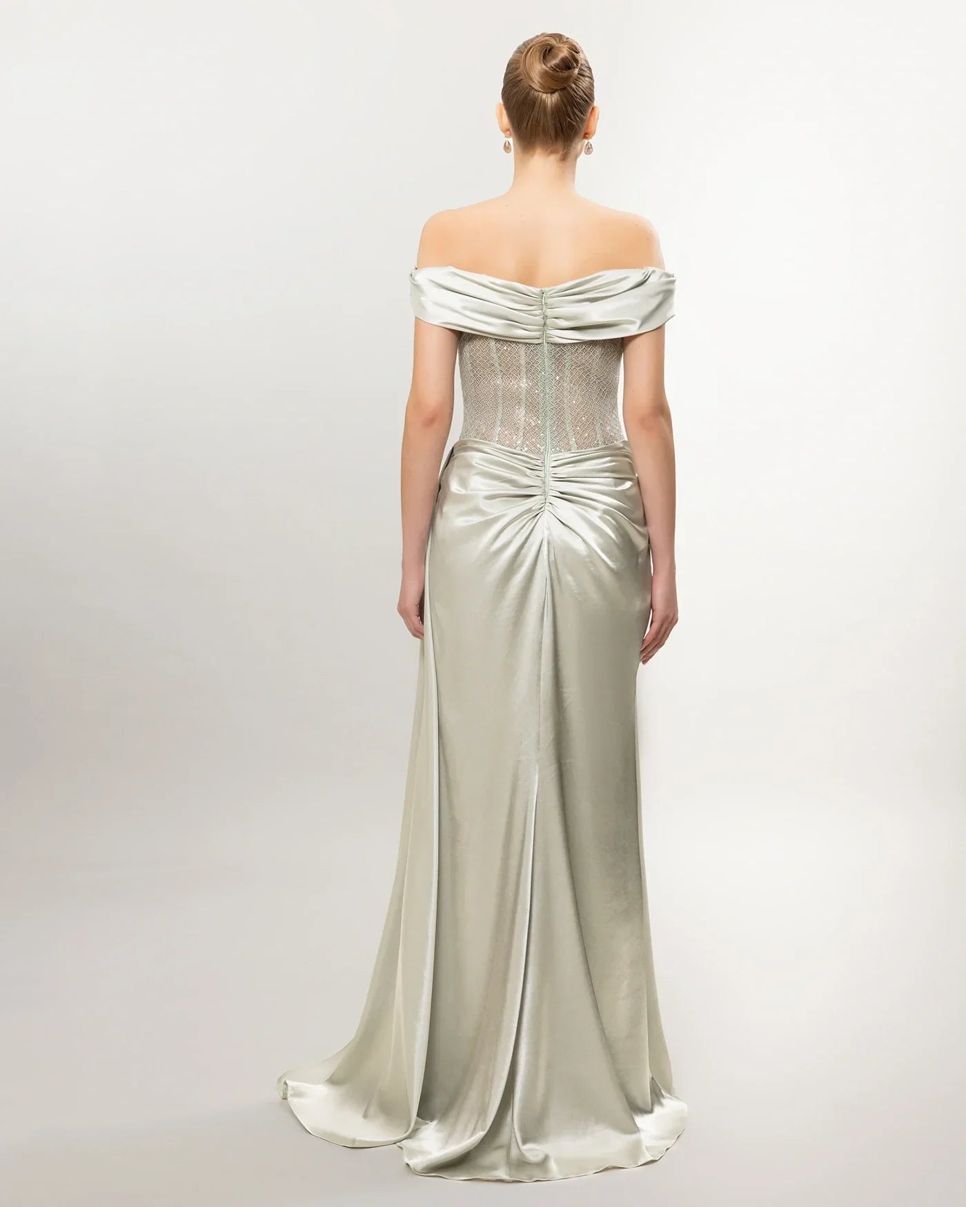 26089-Düşük Omuz Taş İşlemeli Korse Drapeli Abiye