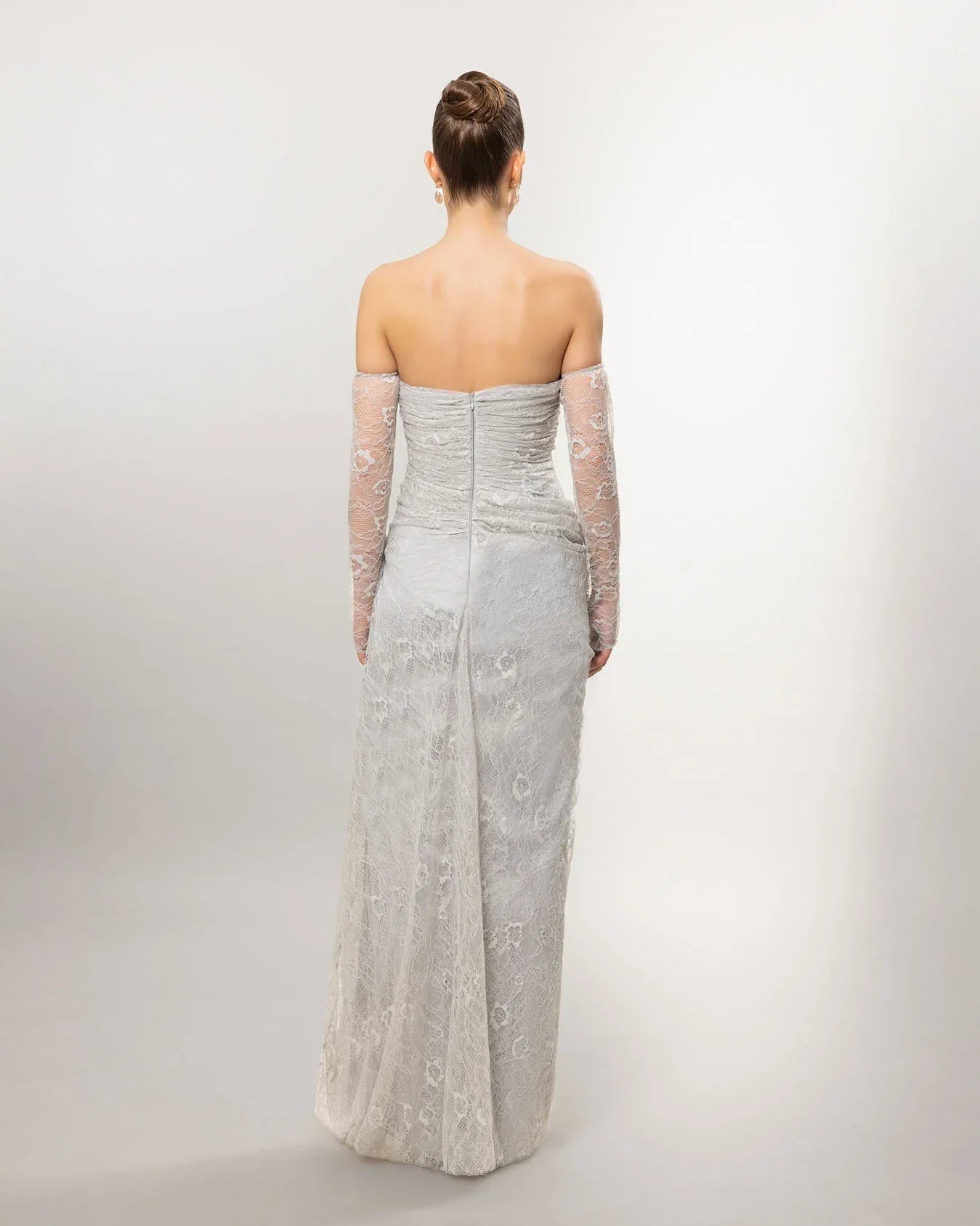 26101-Straplez Uzun Kol Dantelli Uzun Abiye Elbise - Kenzel