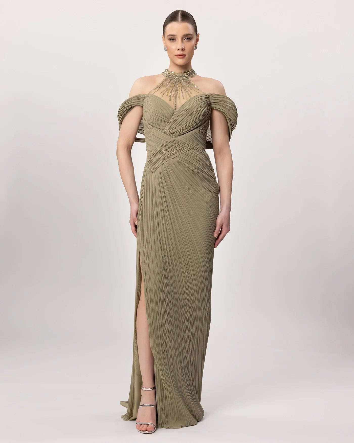 26108-Embroidered Front and Back Neckline, Draped Long Dress
