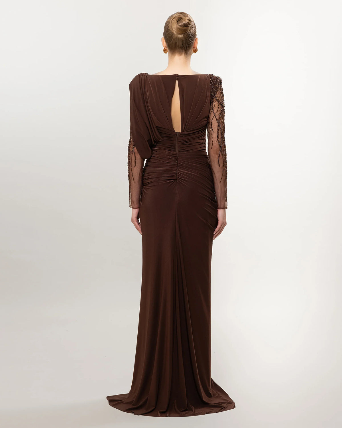 26110-One Shoulder Draped Long Sleeve Evening Dress