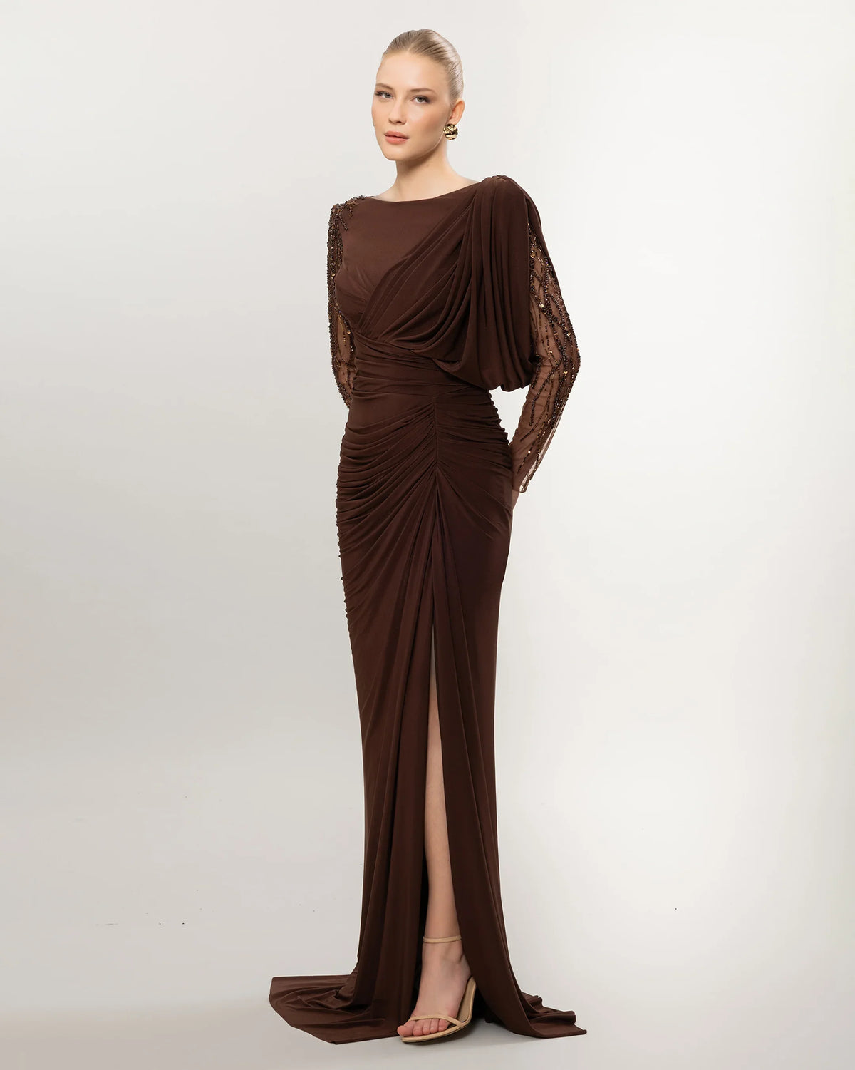 26110-One Shoulder Draped Long Sleeve Evening Dress