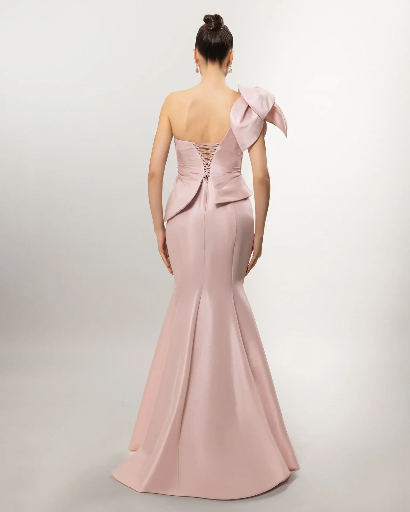 A26054-One Shoulder Bow Detail Peplum Detail Mermaid Evening Dress