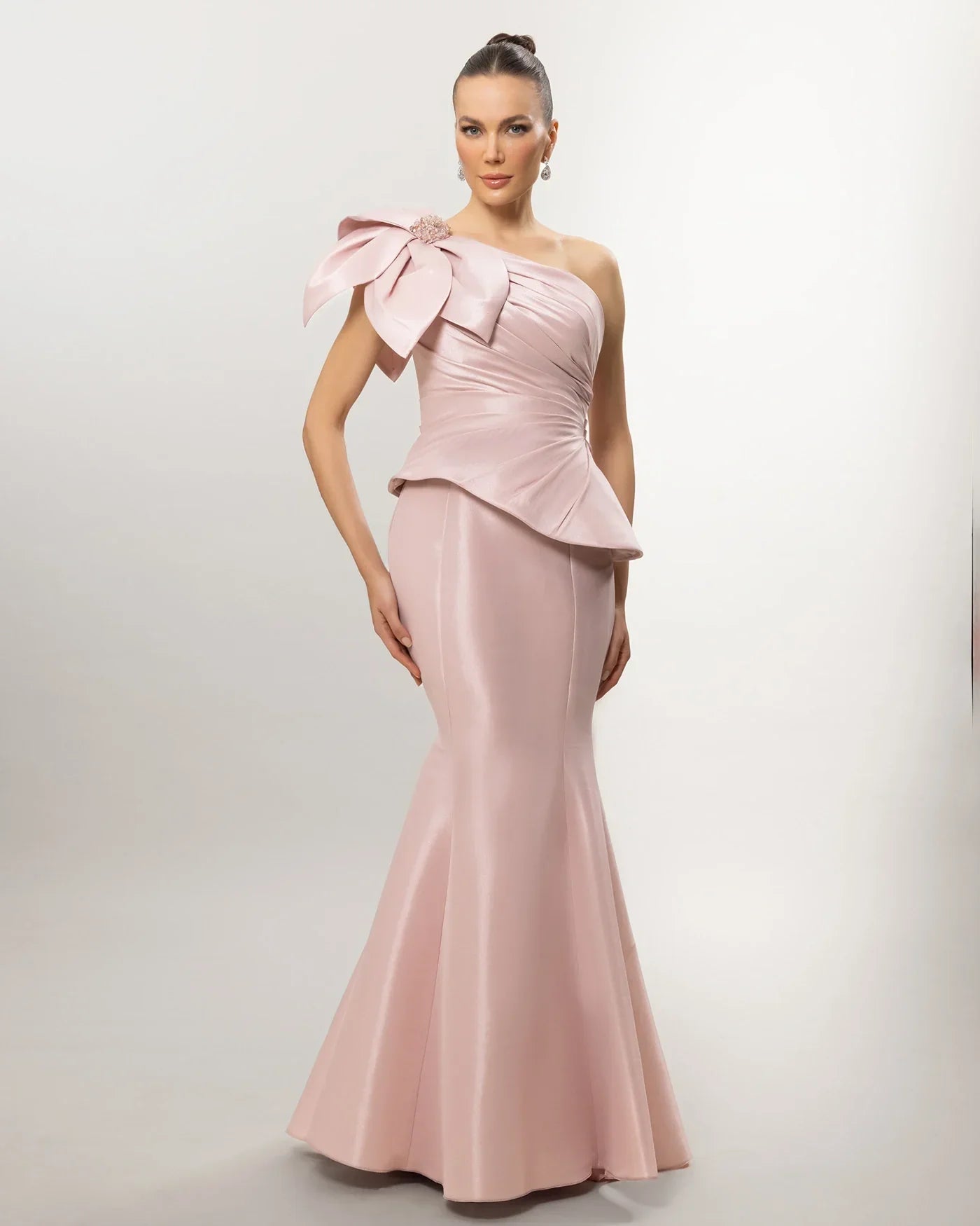 A26054-One Shoulder Bow Detail Peplum Detail Mermaid Evening Dress