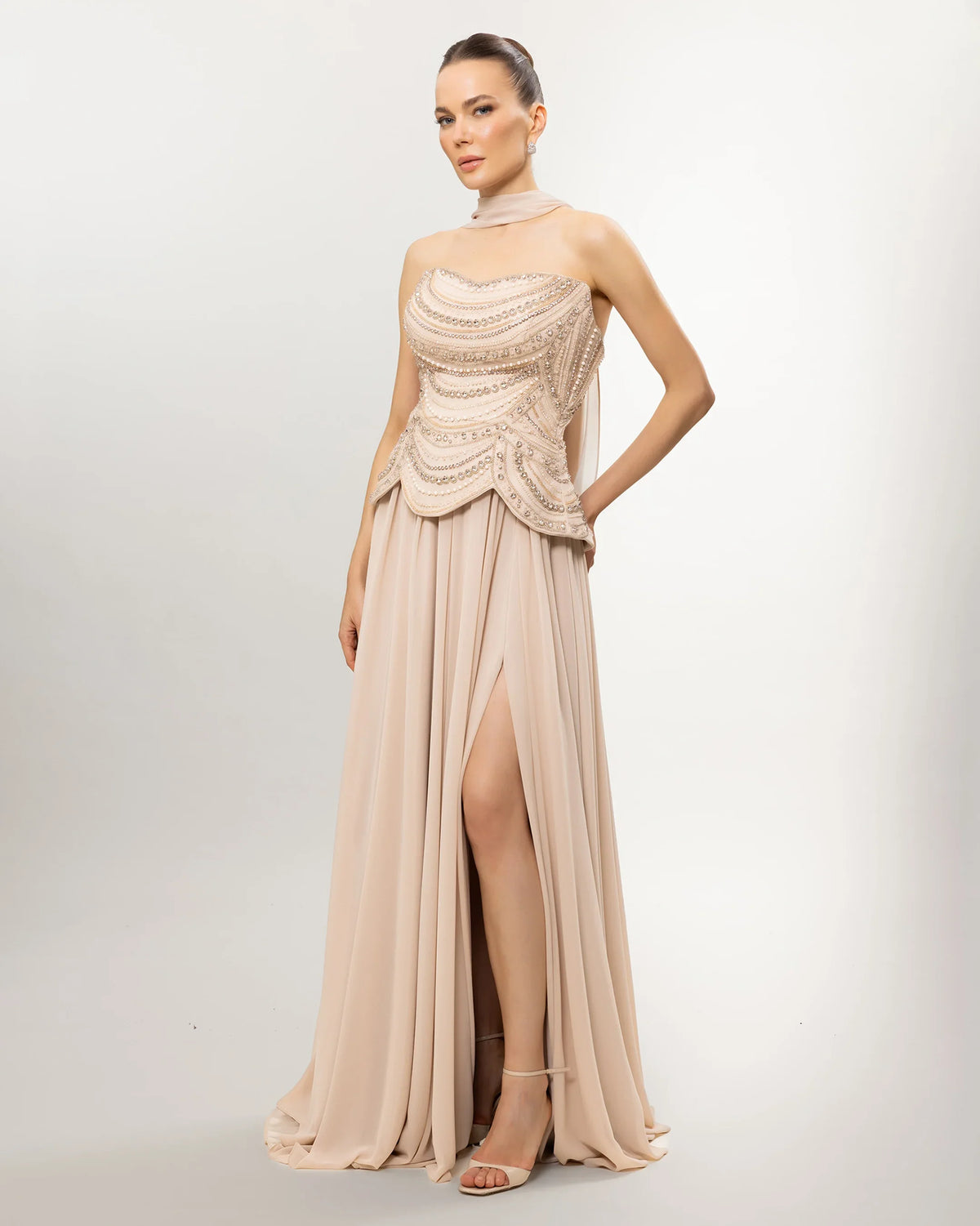 26114-Long Evening Dress with Embellished Corset
