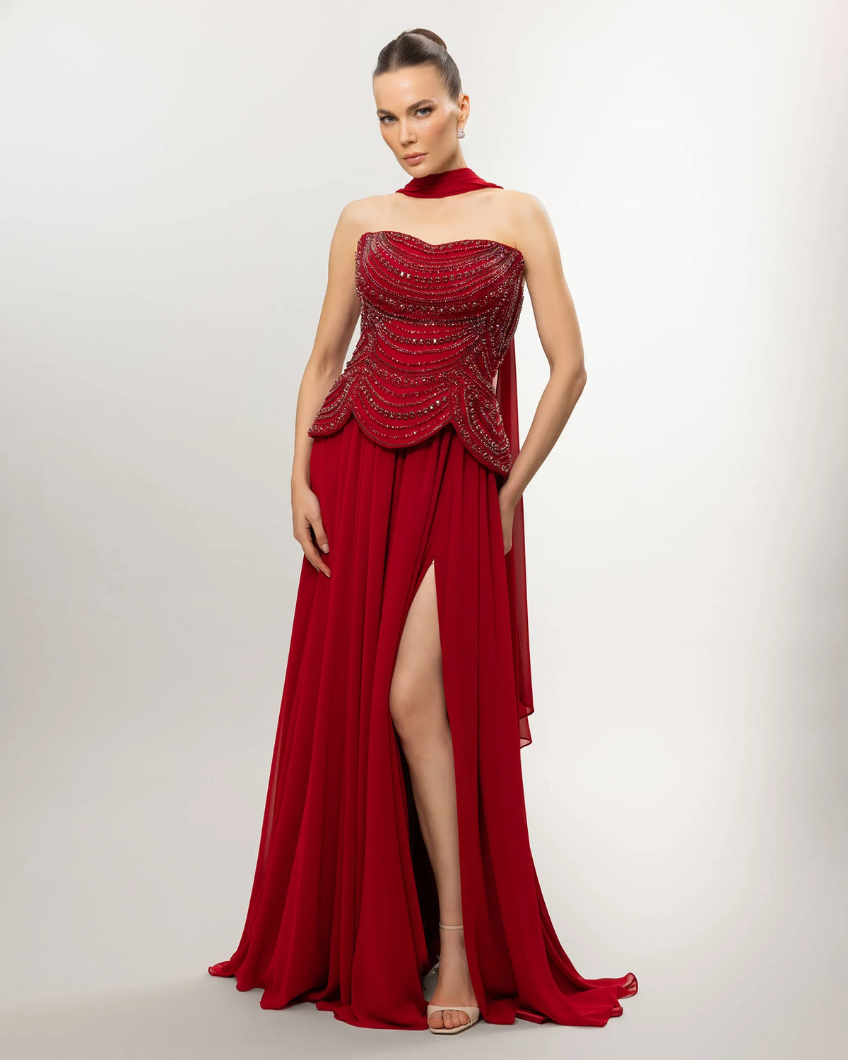 26114-Long Evening Dress with Embellished Corset